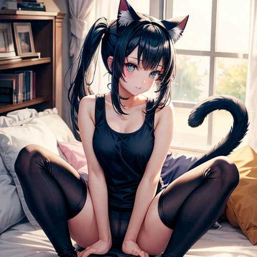 A girl with dark blue hair, cat ears and a tail, wearing a tank top and leggings, and a lolita figure.　Loli body type　Spreading legs　