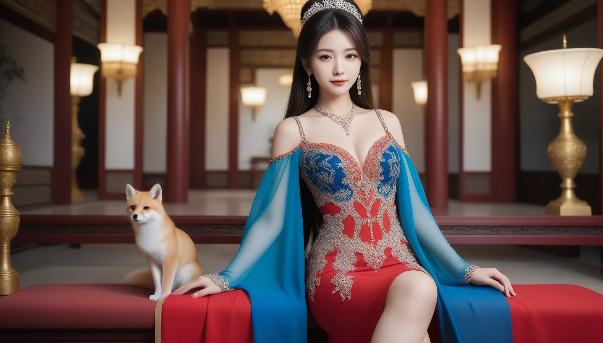8k, Ultra-high resolution, highest quality, masterpiece, Surreal, photograph, 1 girl, (16 years old:1.3), pretty girl, Cute Face, 細部までbeautiful目, 細かくdetailedに,masterpiece,, One Girl:1.2, Japan Female Announcer, 一人のbeautiful女性, 超detailedな女王，全身photograph，jade feet，Long legs， Very elaborate palace scene, invite, Fox Palace Background, beautiful and detailed, Ultra-thin long hair、Very elaborate dress, Very elaborate dress sleeves, 非常に精巧なbeautifulイヤリング, beautiful beautiful necklace，Lots of very fine diamonds, alone, jewelry, Very elaborate red and blue dress, Pretty face, 全身photograph，Long legs， beautiful, Tight royal high heels,Bold Pose,Looking at the audience、beauty,Long neck、Laugh a little、Please close your mouth and laugh、(((Ideal body type))),A cup small breasts :2,、Portraiture:2、Perfect Anatomy、鮮明なdetailed、detailed、Surreal、Light and shadow,Strong light,Fashion magazine cover,Thin lips