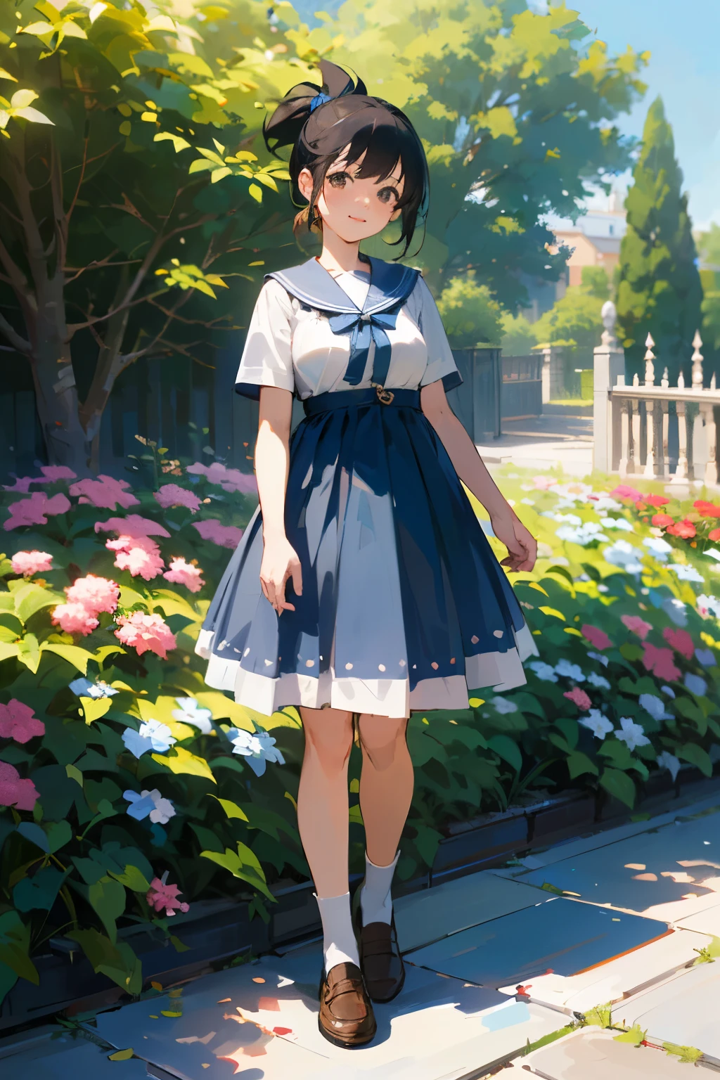 (high quality, High resolution, Very detailed, reality:1.37), Peaceful atmosphere, (Outdoor, garden), age girl standing alone, (my breasts are big.), Beautiful details, Cute Smile, (Black hair ponytail), Blue short-sleeved dress, White socks, loafers.