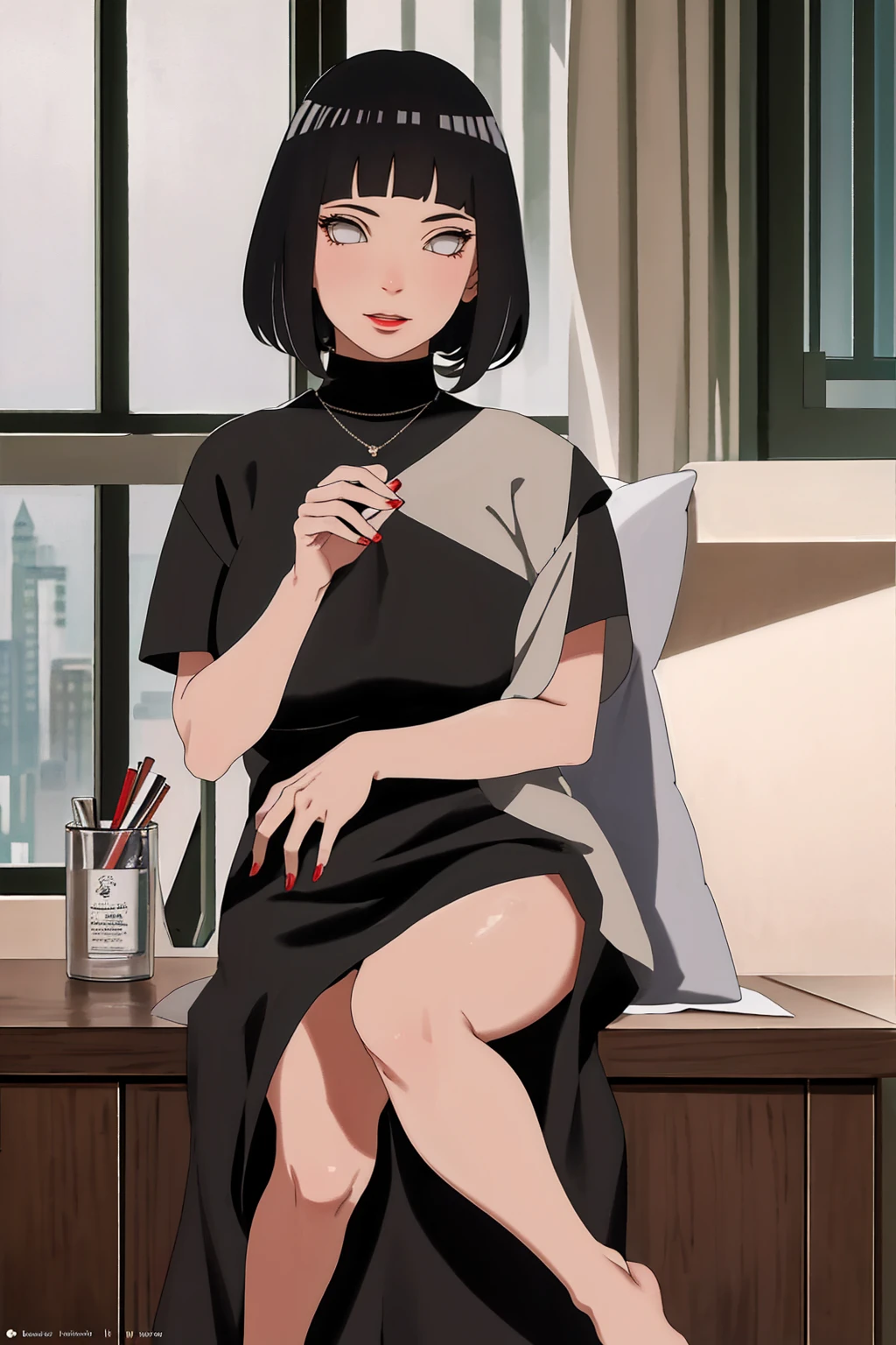 {-erro_de_anatomia:1.0}(best quality,4k,8k,highres,masterpiece:1.2), ultra-detailed, (realistic,photorealistic,photo-realistic:1.37) (Masterpiece - Ultra-Detailed, High Resolution) Prepare to be enchanted by a true masterpiece that combines ultra-detailed art with high-resolution rendering. This work shows a mesmerizing woman, with short, black hair, 1950s style, Hinata (1.3) and captivating dark brown eyes (1.2), New York illustration style, wearing (red lipstick), emanating an aura of elegance and mystery. Wearing classic 1950s clothing. ntricate details and realistic textures invite you to explore every aspect of this enchanting composition. Transparent black dress. Sitting, dynamic poses, mouth closed. Different posture. . Get ready to dive into a world where beauty and craftsmanship merge perfectly.