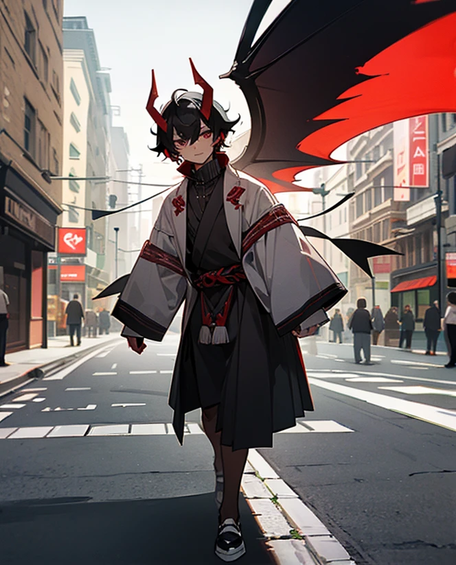 Male Devil, Devil horns, one horn smaller than other, black hair, tanned skin, dark gray eyes, walking in busy street,