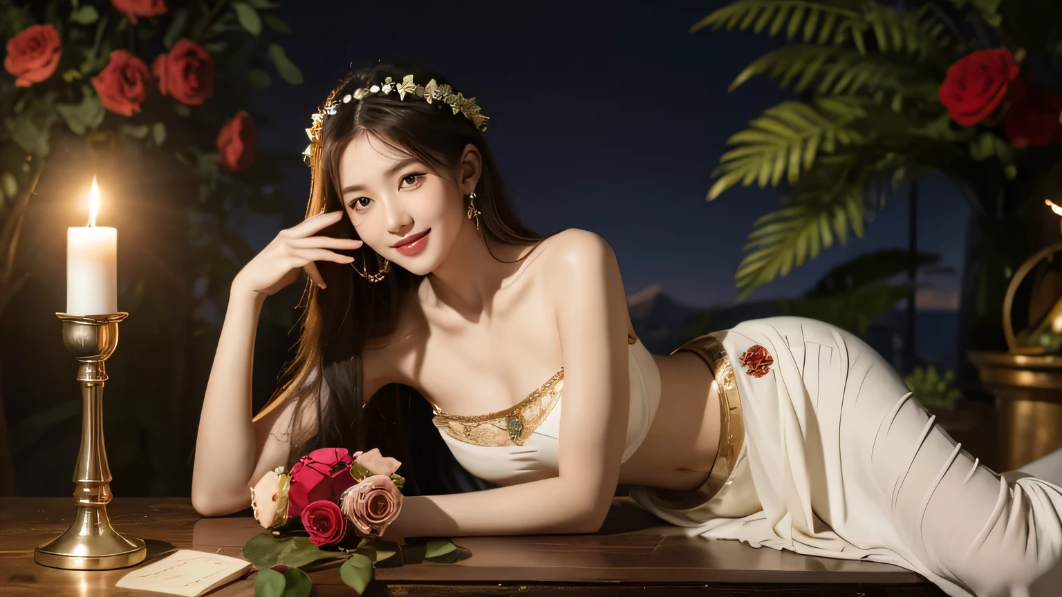 Giorgione painting style,Arguments of two female Philosophe,math、astronomical machine、astronaut、roses in vase、fruits、Cute trinkets、smile、ancient greek costume、Background is a forest lake at night 、Clothes that stretch your shoulders、A big smile、beautiful bare skin、A detailed representation of the seducing woman throughout her body.