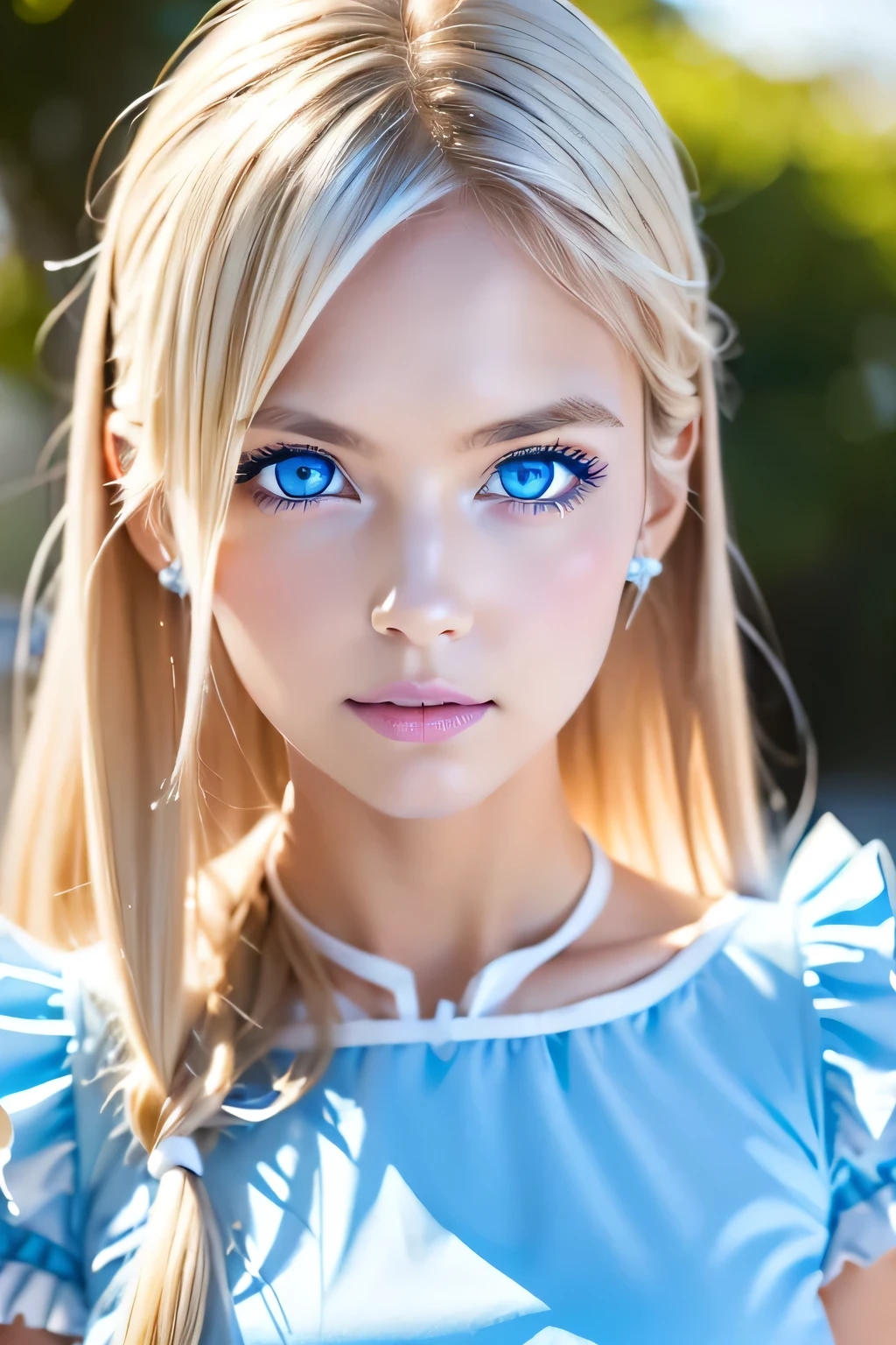 (Ultra-detailed), Cute light blue princess dress,(Frill dress),(Short sleeve),blue eyes,Upper Body、Close-up、face、Cute smile,Facing forward, 20-year-old, Teenage Girl,No tail,(No tail),2D, masterpiece, highest quality, And soul, Detailed Eyes, Big, bright, light blue eyes that shine beautifully、Detailed face, With a girl, Only one person,Blonde super long hair, (Blonde),  Ear hair, , Single Blade, (Single Blade), (Side Blade), Pink ribbon, Ribbon on neck, (White sleeves), Background bokeh