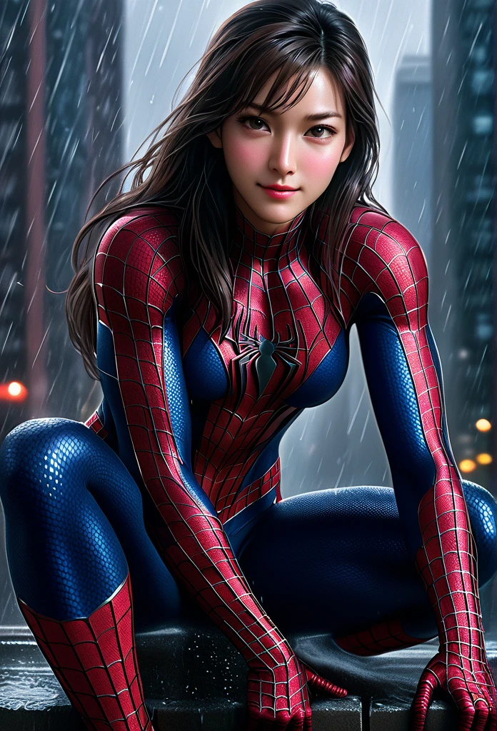 score_9, score_8_up, score_7_up, best quality, realistic, masterpiece, beautiful detail, hyperrealistic, 1girl, korean girl, on a building, rainy scenery, professional model of korean girl wears ultra - detailed raimi spider - man suit, ultra - detailed and grained raimi spiderman suit, suit covered entire body and hand, spiderman gloves, wet, beautiful face, (cute handpose), light smile, (full body), (big breasts), ((muscular bodybuilder girl)), close up, octane render)), highly detailed, volumetric, dramatic lighting, (highest quality:1.1), (HDR:1.3), (top quality, best quality), realistic, high definition,