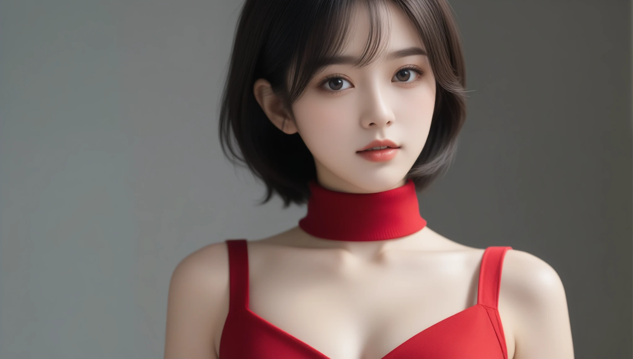 8k, Ultra-high resolution, highest quality, masterpiece, Surreal, photograph, 1 girl, (:1.3), pretty girl, Cute Face, Beautiful eyes in every detail, 細かくdetailedに,masterpiece,, One Girl:1.2, Japan Female Announcer, One beautiful woman, Bio 4 Ada, Short black hair, Brown eyes, Red Turtleneck Dress, Long sleeve, View Viewer, Severe, walk, In a dark hallway,Bold Pose,Looking at the audience、beauty,Long neck、Laugh a little、Please close your mouth and laugh、(((Ideal body type))),A cup small breasts :2,、Portraiture:2、Perfect Anatomy、鮮明なdetailed、detailed、Surreal、Light and shadow,Strong light,Fashion magazine cover,Thin lips