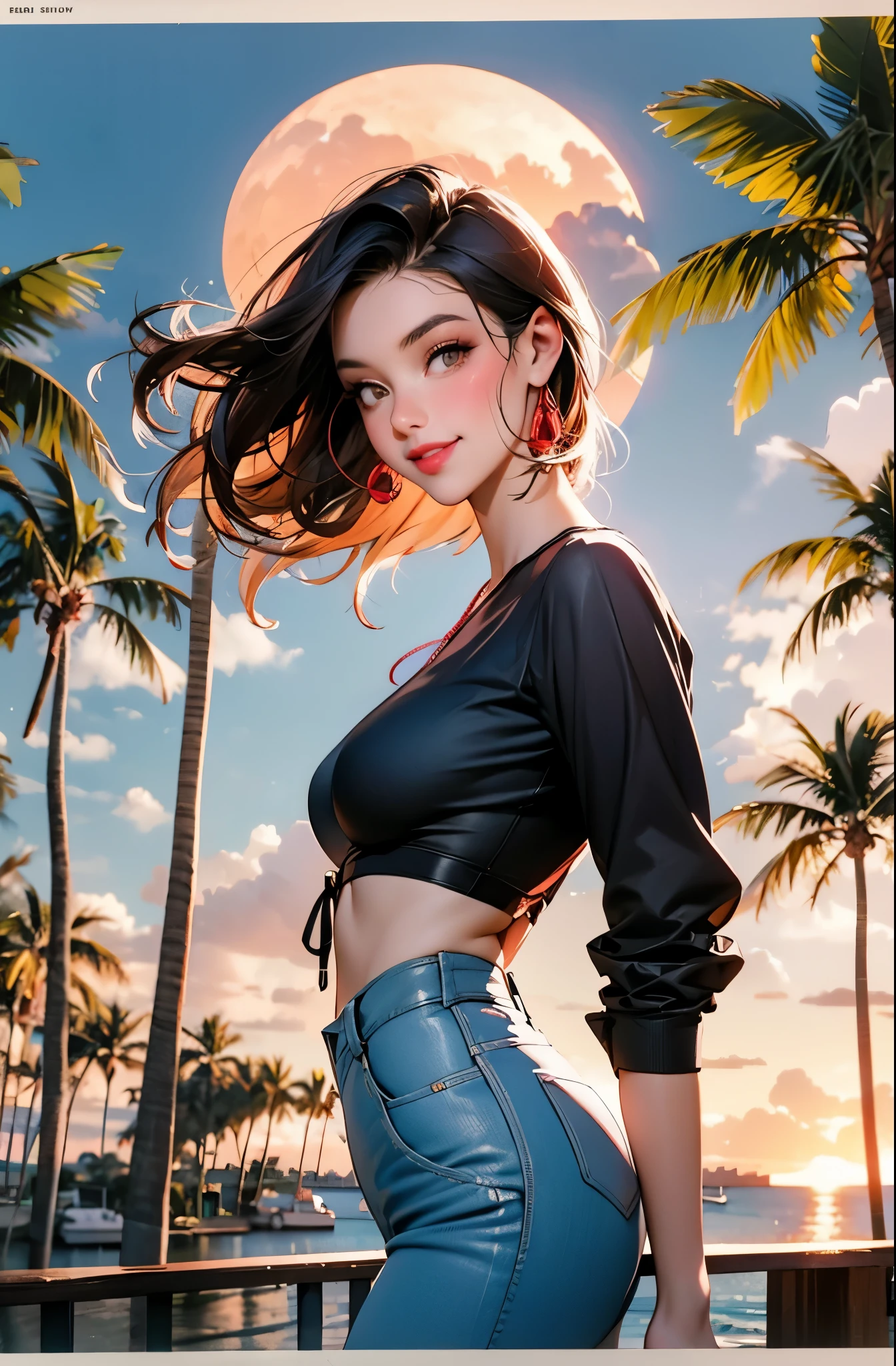 retro girl, Miami, sunset, pink crop top, palm tree, 1990's, smirk smile