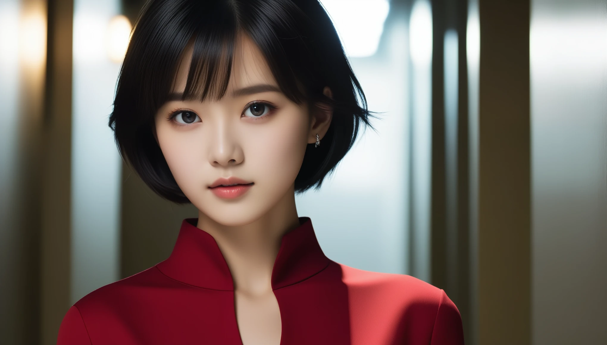 8k, Ultra-high resolution, highest quality, masterpiece, Surreal, photograph, 1 girl, (:1.3), pretty girl, Cute Face, Beautiful eyes in every detail, 細かくdetailedに,masterpiece,, One Girl:1.2, Japan Female Announcer, One beautiful woman, Bio 4 Ada, Short black hair, Brown eyes, Red Turtleneck Dress, Long sleeve, View Viewer, Severe, walk, In a dark hallway,Bold Pose,Looking at the audience、beauty,Long neck、Laugh a little、Please close your mouth and laugh、(((Ideal body type))),A cup small breasts :2,、Portraiture:2、Perfect Anatomy、鮮明なdetailed、detailed、Surreal、Light and shadow,Strong light,Fashion magazine cover,Thin lips