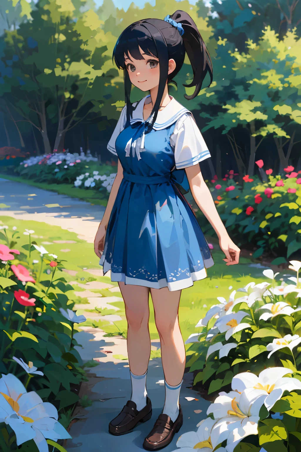 (high quality, High resolution, Very detailed, reality:1.37), Peaceful atmosphere, (Outdoor, garden),  girl standing alone, (my breasts are big.), Beautiful details, Cute Smile, (Black hair ponytail), Blue short-sleeved dress, White socks, loafers.