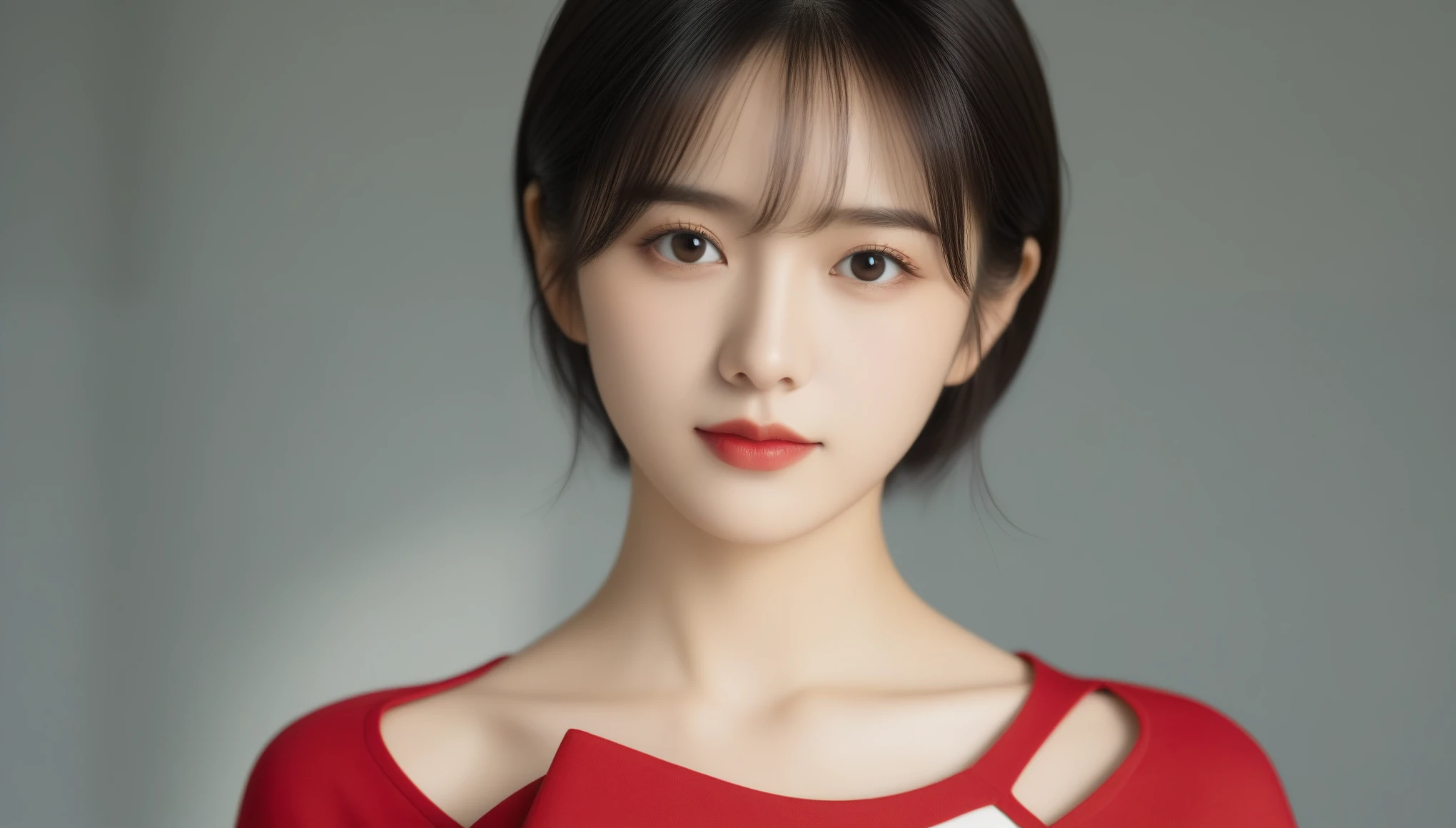 8k, Ultra-high resolution, highest quality, masterpiece, Surreal, photograph, 1 girl, (16 years old:1.3), pretty girl, Cute Face, Beautiful eyes in every detail, 細かくdetailedに,masterpiece,, One Girl:1.2, Japan Female Announcer, One beautiful woman, Bio 4 Ada, Short black hair, Brown eyes, Red Turtleneck Dress, Long sleeve, View Viewer, Severe, walk, In a dark hallway,Bold Pose,Looking at the audience、beauty,Long neck、Laugh a little、Please close your mouth and laugh、(((Ideal body type))),A cup small breasts :2,、Portraiture:2、Perfect Anatomy、鮮明なdetailed、detailed、Surreal、Light and shadow,Strong light,Fashion magazine cover,Thin lips