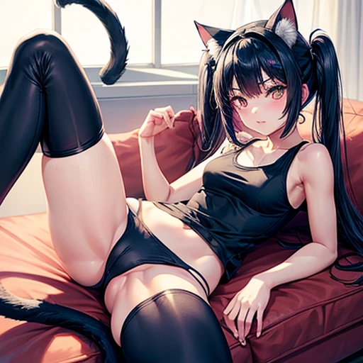 A girl with dark blue hair, cat ears and a tail, wearing a tank top and leggings body type Spreading legs Twin tails