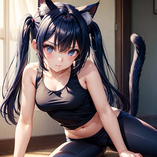 A girl with dark blue hair, cat ears and a tail, wearing a tank top and leggings　Loli body type　Spreading legs　Twin tails