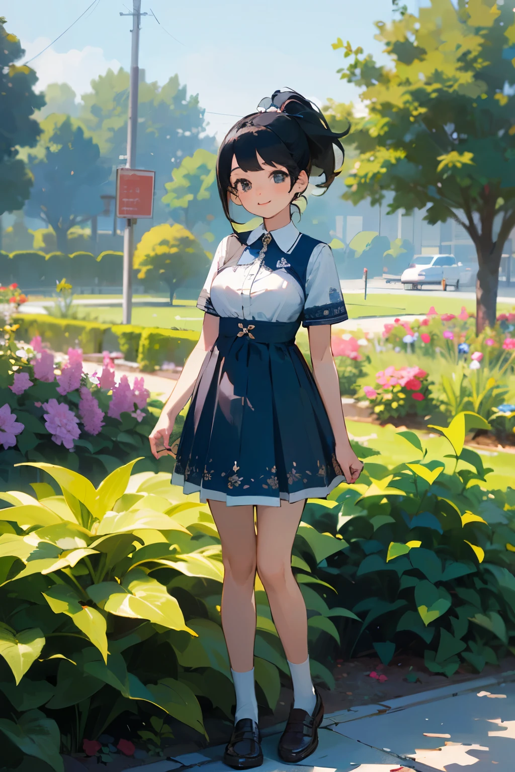 (high quality, High resolution, Very detailed, reality:1.37), Peaceful atmosphere, (Outdoor, garden), Teenage girl standing alone, (my breasts are big.), Beautiful details, Cute Smile, (Black hair ponytail), Blue short-sleeved dress, White socks, loafers.
