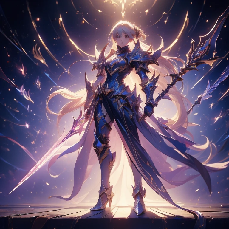 Design a layout showcase Gaming character, (1girl). Golden+Purle clothes, stylish and unique, ((showcase weapon:1.4)), magic staff, (masterpiece:1.2), (best quality), 4k, ultra-detailed, (Step by step design, layout art:1.5), (luminous lighting, atmospheric lighting), magican, ((glove full hands)), (((revealing clothes:1.3))), vambraces, armored legwear, (((full_body_shot:1.4)))