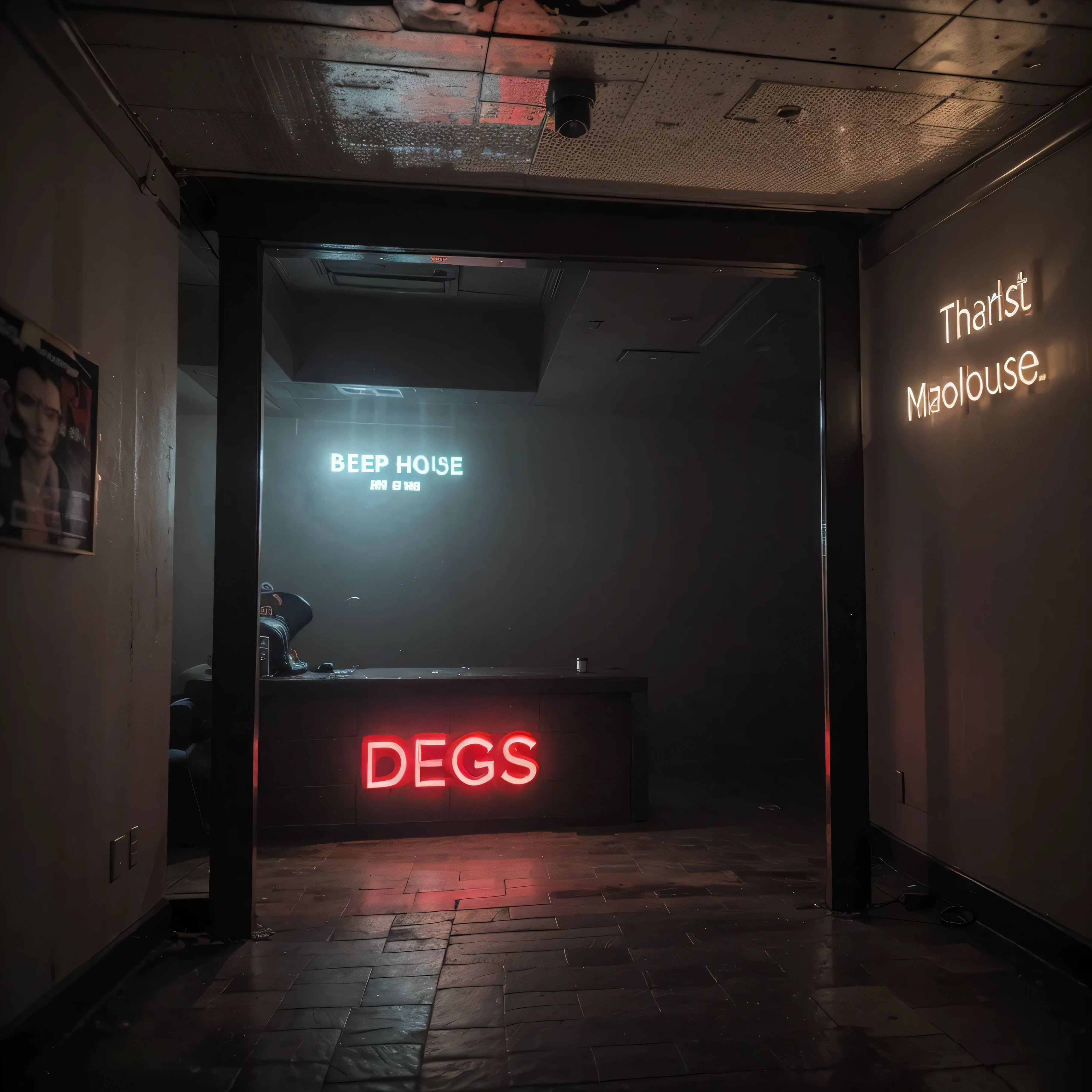 ((best quality)), ((masterpiece)), (detailed), A nightclub with the text "Deep House" written on it in neon lights, photographed from the front, on a foggy and smoky night.