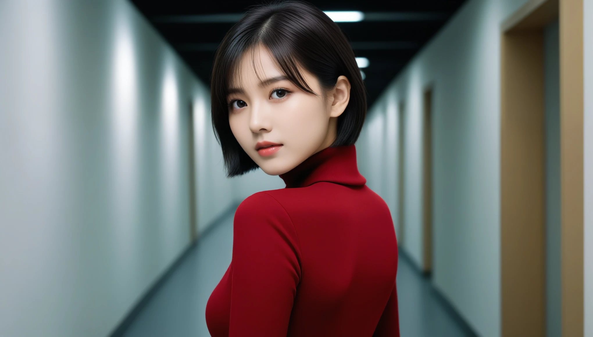 8k, Ultra-high resolution, highest quality, masterpiece, Surreal, photograph, 1 girl, (:1.3), pretty girl, Cute Face, Beautiful eyes in every detail, 細かくdetailedに,masterpiece,, One Girl:1.2, Japan Female Announcer, One beautiful woman, Bio 4 Ada, Short black hair, Brown eyes, Red Turtleneck Dress, Long sleeve, View Viewer, Severe, walk, In a dark hallway,Bold Pose,Looking at the audience、beauty,Long neck、Laugh a little、Please close your mouth and laugh、(((Ideal body type))),A cup small breasts :2,、Portraiture:2、Perfect Anatomy、鮮明なdetailed、detailed、Surreal、Light and shadow,Strong light,Fashion magazine cover,Thin lips