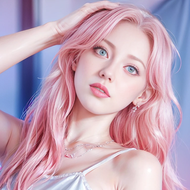young woman, short shoulder-length pink hair, wide forehead, porcelain skin, pink eyebrows, big emerald green eyes, buttoned nose, full lips, heart-shaped face, slender body, small breasts, red tank top, Sakura Haruno , realistic, realism, details, 3d, well detailed
