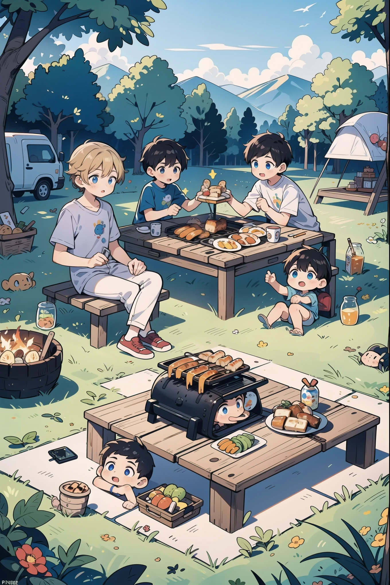 (5 boys watching and playing with each other), whole body (Laurie: 1.2), camping, picnicking, barbecue, barbecue, summer, flowers, evening, shoes, children's illustrations, masterpieces, best quality,