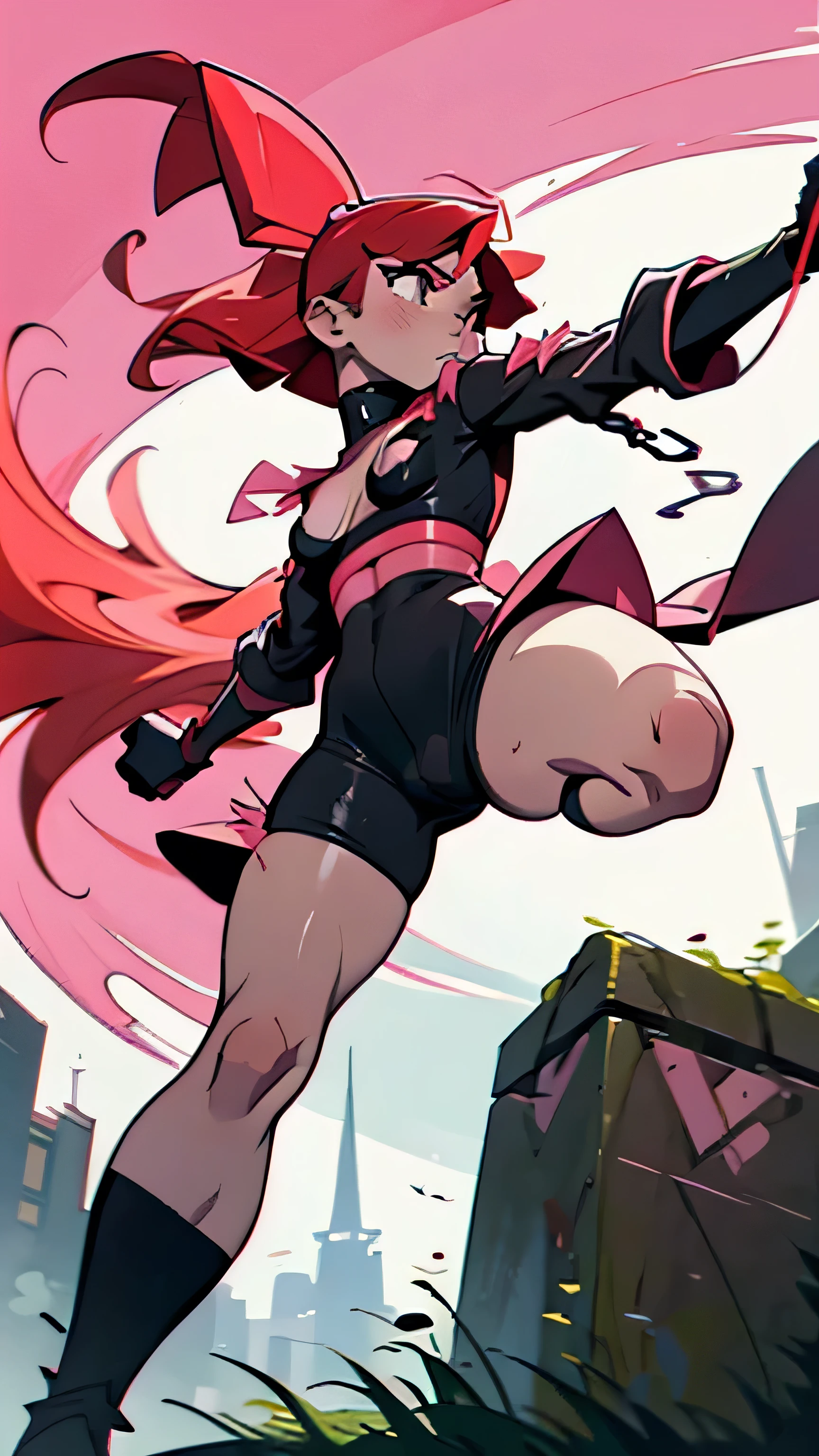 Blossom From Powerpuff Girls as a Violent Mature Themed Action Anime, Red Hair:1.2, Sexy Powerpuff Girls Anime, bloody battle damage and wear, NSFW:1.2, ecchi Damaged and Ripped clothes, pink and black clothes, one nipple revealed through nsfw rips in clothes:1.2