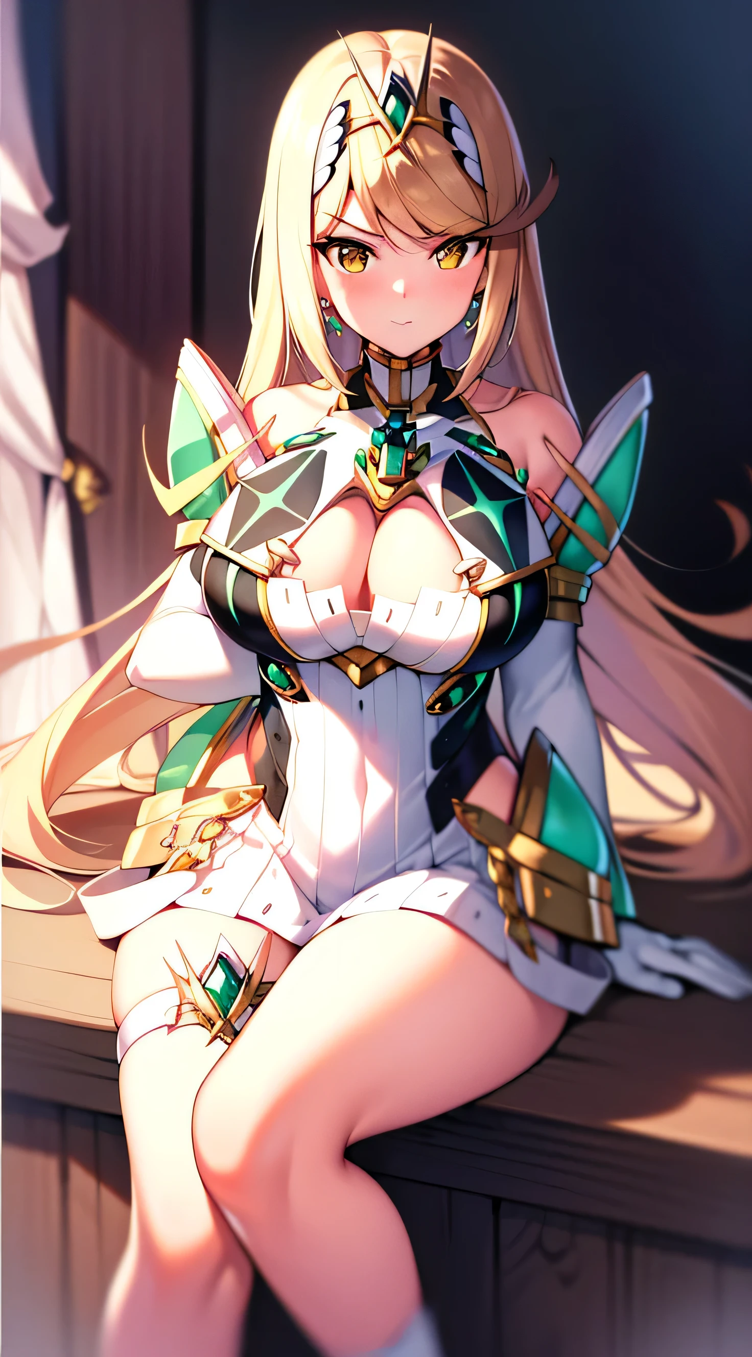 (masterpiece), best quality, (HD), (8k), (((1milf:1.0))), extremely detailed, HDR, perfect face, mythradef, tiara, earrings, chest jewel, cleavage cutout, cleavage, white dress, short dress, elbow gloves, white gloves, thigh strap, sitting on a throne with crossed legs and sexy look