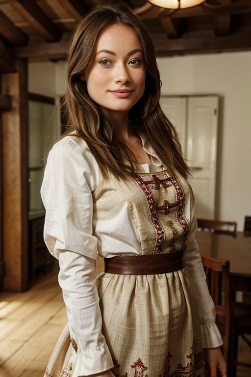 Olivia Wilde dressed in traditional Russian clothing and smiling