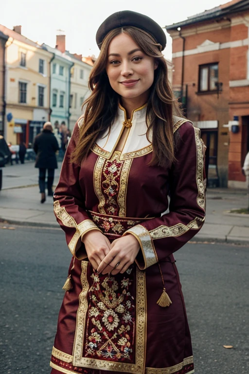 Olivia Wilde dressed in traditional Russian clothing and smiling