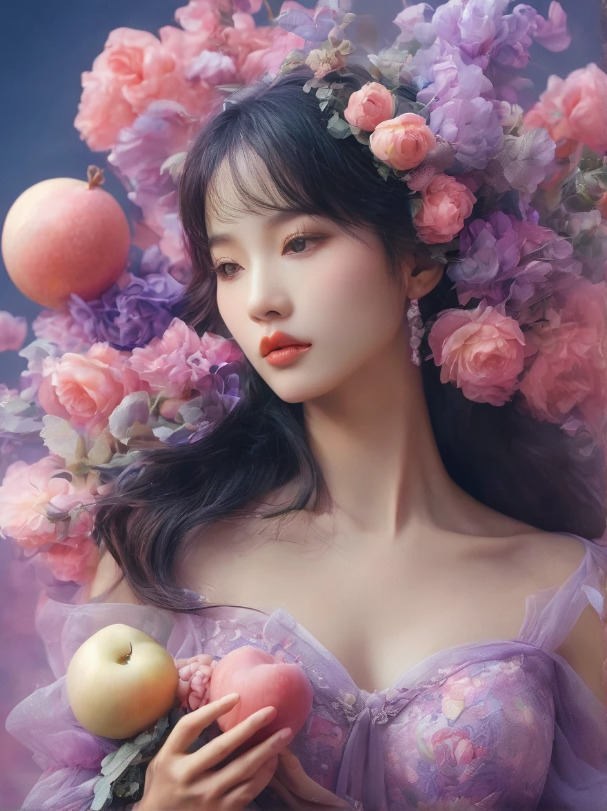 (超Reality:1.4)，(((Full body shot:1.5)))，original，emotion，dynamic，扭曲emotion效果，Energetic，Use unusual colors，Lovely photography，(Reality，Photo Realism:1.4)，Stylized image of a girl made of pink and purple fruits，Fantastic，Delicate eyes，Delicate face，Delicate skin，Delicate hands，light smile, fang, Surrealism, drop shadow, anaglyph, stereogram, tachi-e, pov, atmospheric perspective, 8k, super detail, ccurate, best quality, anatomically correct, textured skin