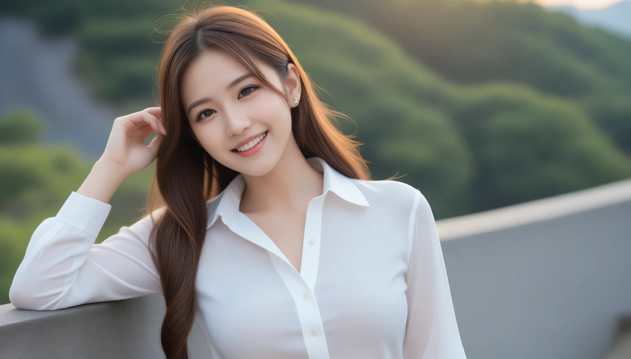 8k, Ultra-high resolution, highest quality, masterpiece, Surreal, photograph, 1 girl, (:1.3), pretty girl, Cute Face, Beautiful eyes in every detail, 細かくdetailedに,masterpiece,, One Girl:1.2, Japan Female Announcer, One beautiful woman, Tying up hair、The sky was dyed red、A woman in casual clothes watches the sunset from a cliff、The shining sun is so 美しい、Dusk is approaching、Golden Hour、Luxury Leather Belts、Shiny clothes、Light beige hair color、Background Blur、Braid only the front hair、Light brown hair、{{Cowgirl Shot}}、((Close-up shot from the waist up、Big Breasts:1.4))、Big Breasts、smile、Silk clothing、Big Breasts that can be seen even through clothes、Braid only the front hair、Cowboy Shot、Gorgeous white collared silk shirt and brown skirt、Short skirt、Tuck your hair behind one ear、Silver Necklace、smile、 Elegant ponytail,
,Bold Pose,Looking at the audience、beauty,Long neck、Laugh a little、Please close your mouth and laugh、(((Ideal body type))),A cup small breasts :2,、Portraiture:2、Perfect Anatomy、鮮明なdetailed、detailed、Surreal、Light and shadow,Strong light,Fashion magazine cover,Thin lips