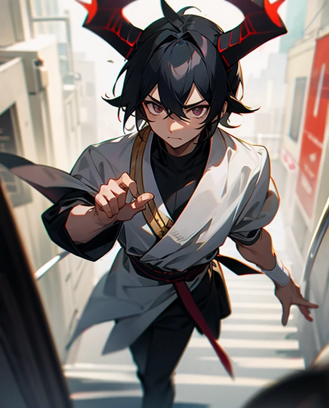 Male Devil, Devil horns, one horn smaller than other, black hair, tanned skin, dark gray eyes, walking in busy street, focus on face,