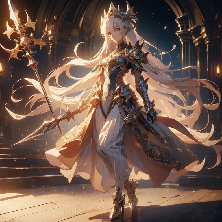 Design a layout showcase Gaming character, (1girl). Golden+Purle clothes, stylish and unique, ((showcase weapon:1.4)), magic staff, (masterpiece:1.2), (best quality), 4k, ultra-detailed, (Step by step design, layout art:1.5), (luminous lighting, atmospheric lighting), magican, ((glove full hands)), (((revealing clothes:1.3))), vambraces, armored legwear, (((full_body_shot:1.4)))
