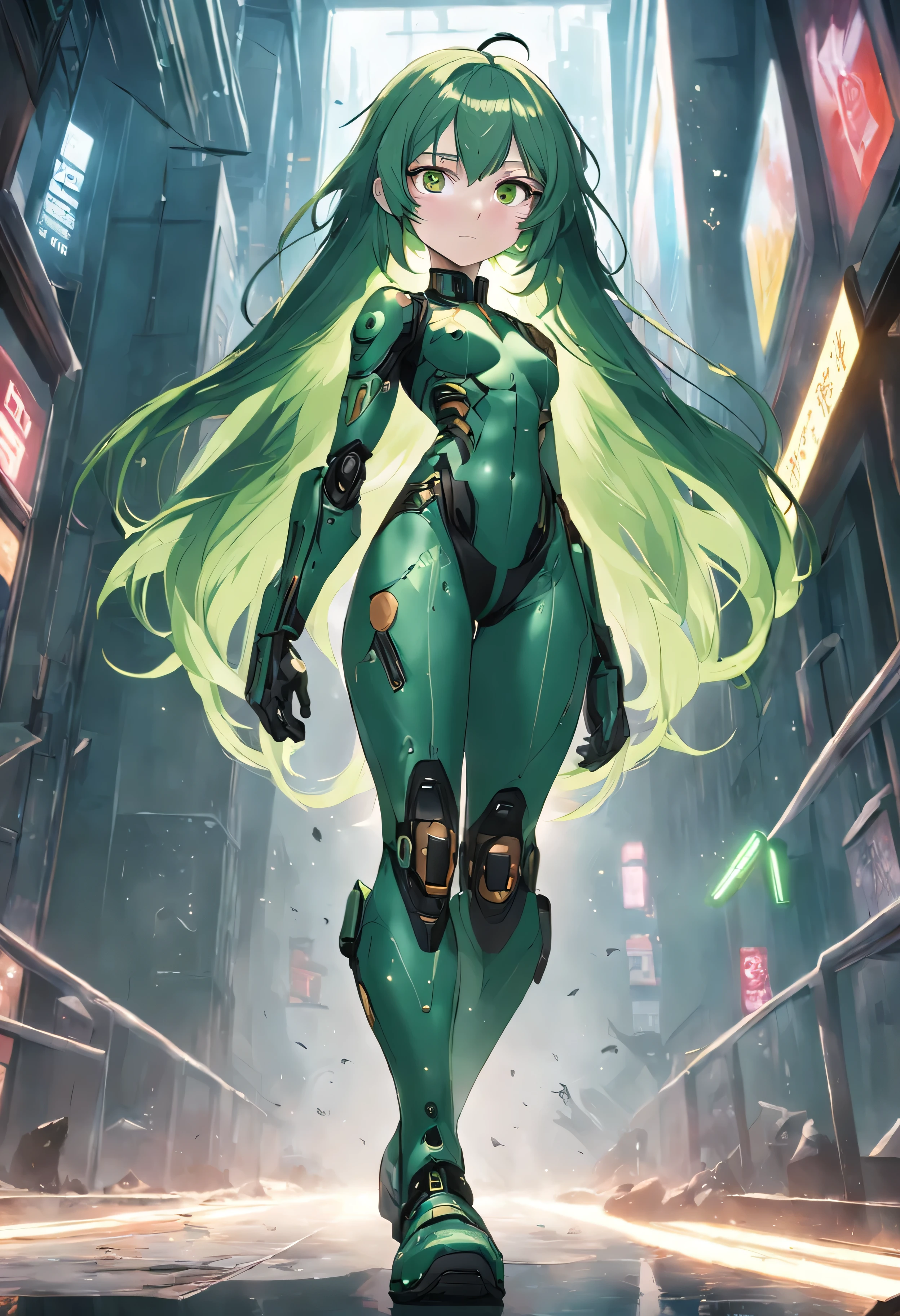 cabelo verde，pupilas marrons，roupas modernas，Disability in both legs，feminine appearance，28A peito achatado，Armado com uma submetralhadora P90，Exoesqueletos equipados，Havia um brilho verde ao seu redor，humano