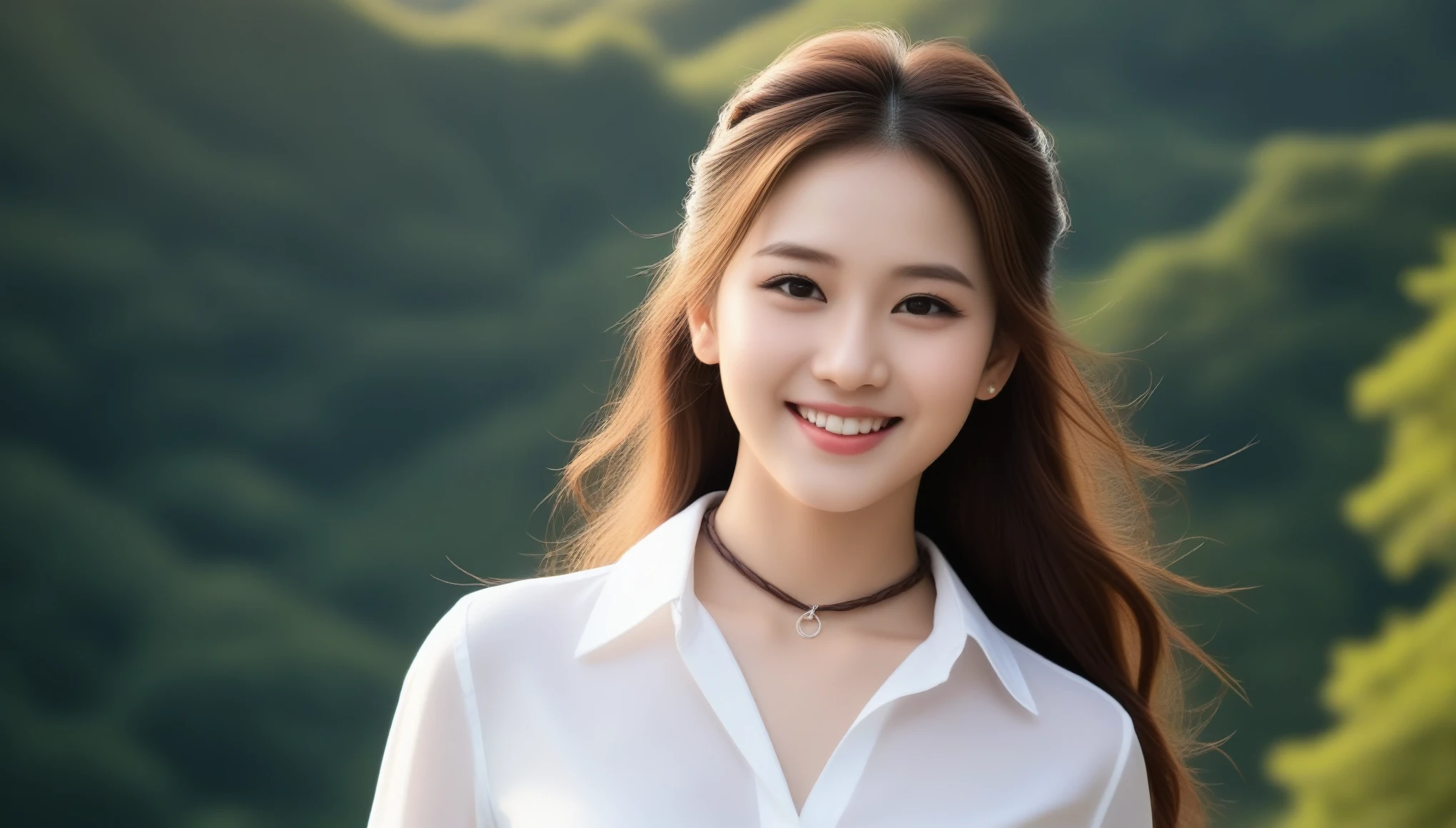 8k, Ultra-high resolution, highest quality, masterpiece, Surreal, photograph, 1 girl, (16 years old:1.3), pretty girl, Cute Face, Beautiful eyes in every detail, 細かくdetailedに,masterpiece,, One Girl:1.2, Japan Female Announcer, One beautiful woman, Tying up hair、The sky was dyed red、A woman in casual clothes watches the sunset from a cliff、The shining sun is so 美しい、Dusk is approaching、Golden Hour、Luxury Leather Belts、Shiny clothes、Light beige hair color、Background Blur、Braid only the front hair、Light brown hair、｛｛Cowgirl Shot｝｝、（（Close-up shot from the waist up、Big Breasts:1.4））、Big Breasts、smile、Silk clothing、Big Breasts that can be seen even through clothes、Braid only the front hair、Cowboy Shot、Gorgeous white collared silk shirt and brown skirt、Short skirt、Tuck your hair behind one ear、Silver Necklace、smile、 Elegant ponytail,
,Bold Pose,Looking at the audience、beauty,Long neck、Laugh a little、Please close your mouth and laugh、(((Ideal body type))),A cup small breasts :2,、Portraiture:2、Perfect Anatomy、鮮明なdetailed、detailed、Surreal、Light and shadow,Strong light,Fashion magazine cover,Thin lips
