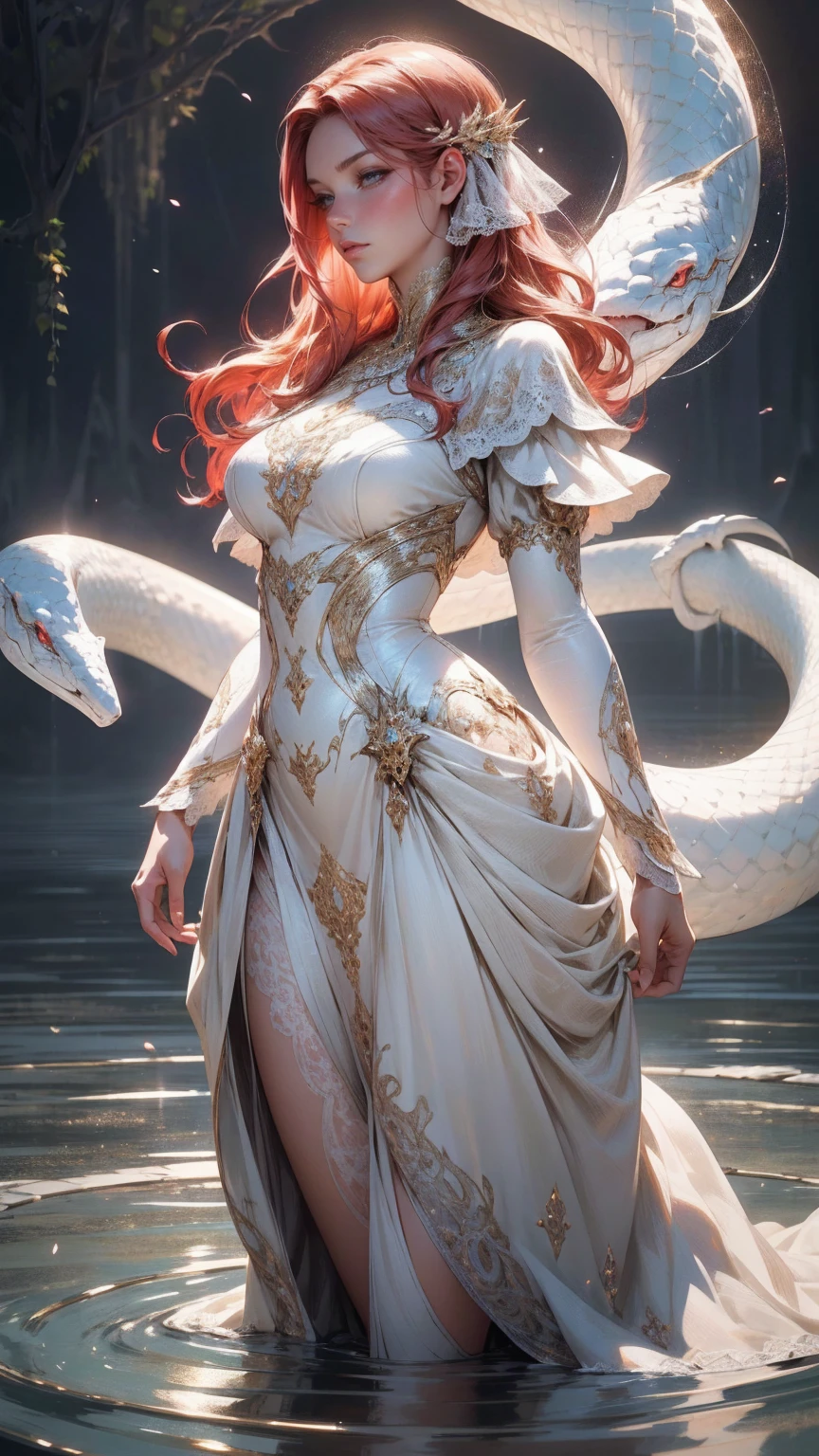 {-erro_de_anatomia:1.0}(best quality,4k,8k,highres,masterpiece:1.2), ultra-detailed, (realistic,photorealistic,photo-realistic:1.37), mature milf, illyasviel von einzbern, redhead hair, upper body, vibrant colors, glowing skin, mesmerizing eyes, brown eyes, elegant pose, enchanting background, delicate lace dress, surreal lighting, ethereal atmosphere, mystical aura, intricate details, artistic medium, digital illustration, fantasy, anime, walking on the water, kissing a white snake
