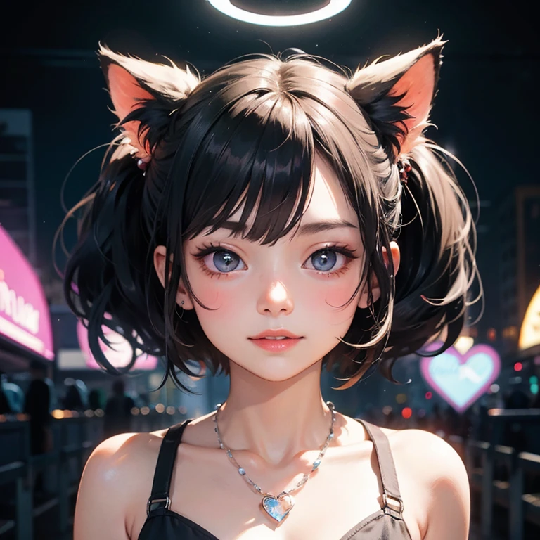 black hair, longeyelashes, light smile, ear blush, fang, short twintails, halo, bead necklace, heart-shaped pupils, glowing eyes, cat ears, torogao, Surrealism, drop shadow, anaglyph, stereogram, tachi-e, pov, atmospheric perspective, depth of field, out of frame, wide shot, 8k, super detail, ccurate, best quality, retina, best quality, 8k, 1080P, anatomically correct
