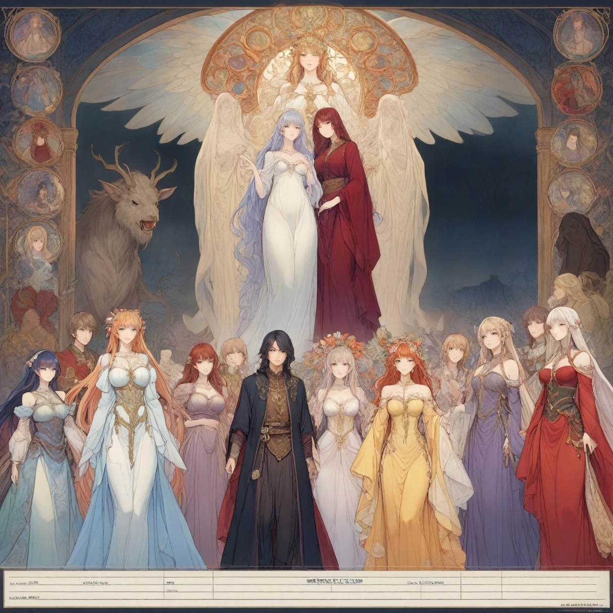 highest quality, masterpiece, Highly detailed background, Anime character introduction chart, All shots taken from behind the camera, 登場people物people数４people, Apparition, Ghost, monster, Demihuman, Fantasy Anime, Medieval Stories, Intricate designs and patterns in the style of Mucha, From below。