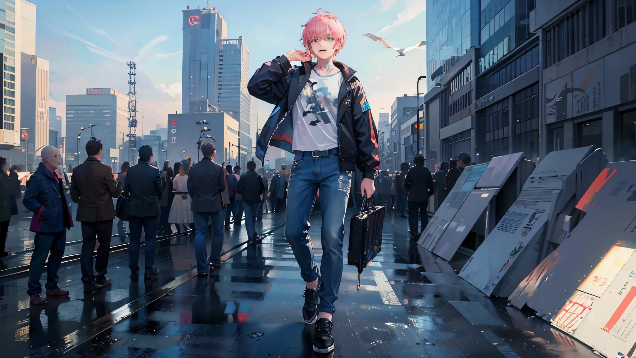 Young man on skateboard. The young man has short pink hair, shaved on the sides. He wears a short jean top (his navel is visible) and wears light blue pants with white details. The young man has a tattooed face and an angry expression in his eyes. He is walking among the people at the famous Shibuya crossing. He is raising his hand, and a white tattoo is marked on it that lights up. You can see many buildings with giant screens with animes. The sky is green.