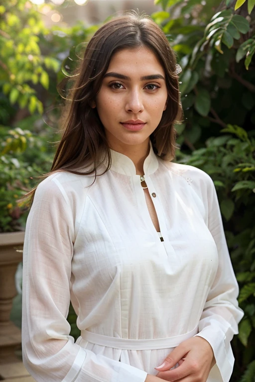 A beautiful modern girl wearing long white western dress, Indian, realistic face, hyper detailed, sharp focus, 8k, detailed eyes, detailed nose, detailed lips, long eyelashes, elegant pose, outdoor garden setting, warm lighting, vibrant colors, photorealistic, high quality, intricate details, cinematic lighting
