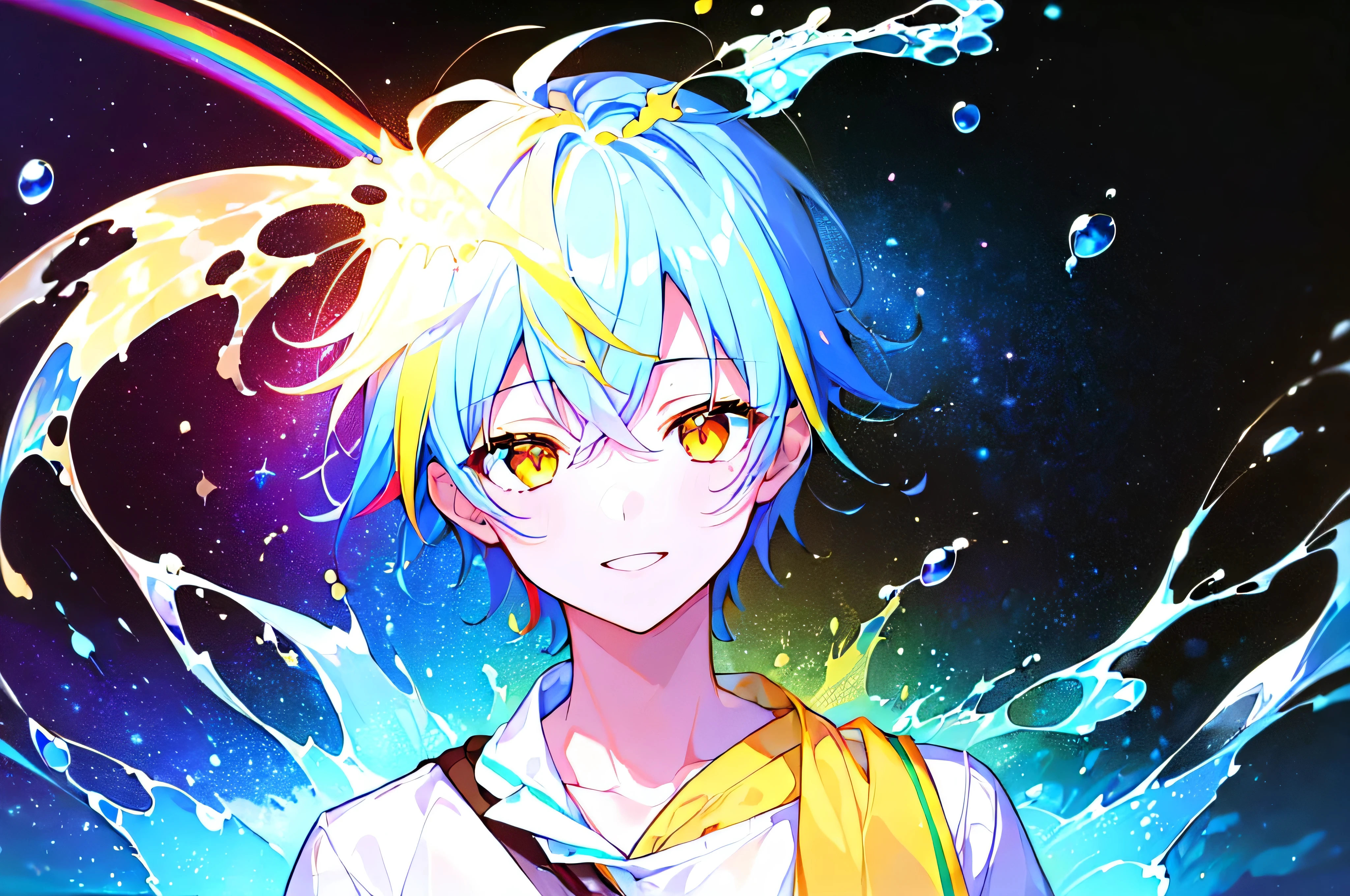 [(GALAXY BACKGROUND:1.5),::5], ((((masterpiece)))), high quality, very_high_resolution, large_filesize, upper body, full color, ((younger boy)), 13 old year, short WHITEblue hair, vivid color, ((yellow eye)), Summer clothes white, animestyle, smile, (RAINBOWSoda Splash effect:1.3), (((AWAKENING)))