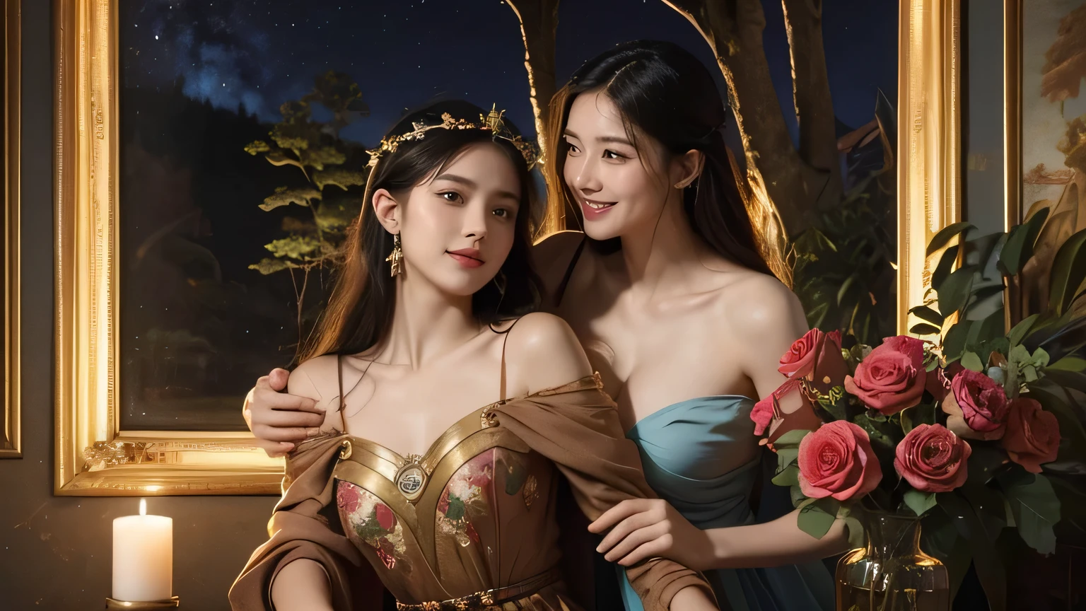 Giorgione painting style,Arguments of two female Philosophe,math、astronomical machine、astronaut、roses in vase、fruits、Cute trinkets、smile、ancient greek costume、Background is a forest lake at night 、Clothes that stretch your shoulders、A big smile、beautiful bare skin、A detailed representation of the seducing woman throughout her body.