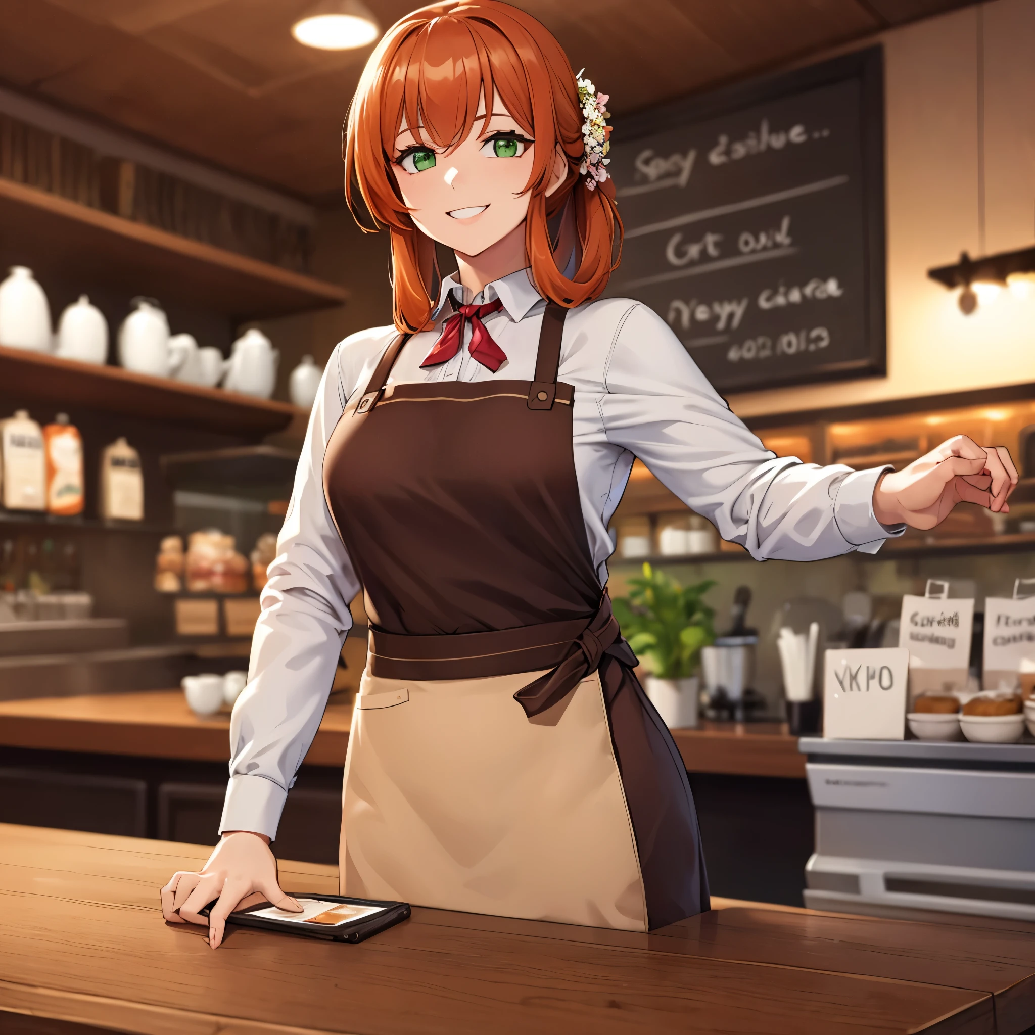 A woman wearing a white shirt with long sleeves, wearing a brown apron, long white skirt, orange red hair, green eyes, smiling, standing at a coffee shop with sweets and a cup of coffee on a table and counter. 1 girl (only one woman), glow, drop shadow, flower, UHD, masterpiece, accurate, anatomically correct, textured skin, super detail, high quality, best quality, 8k, high resolution, bokeh effect.
