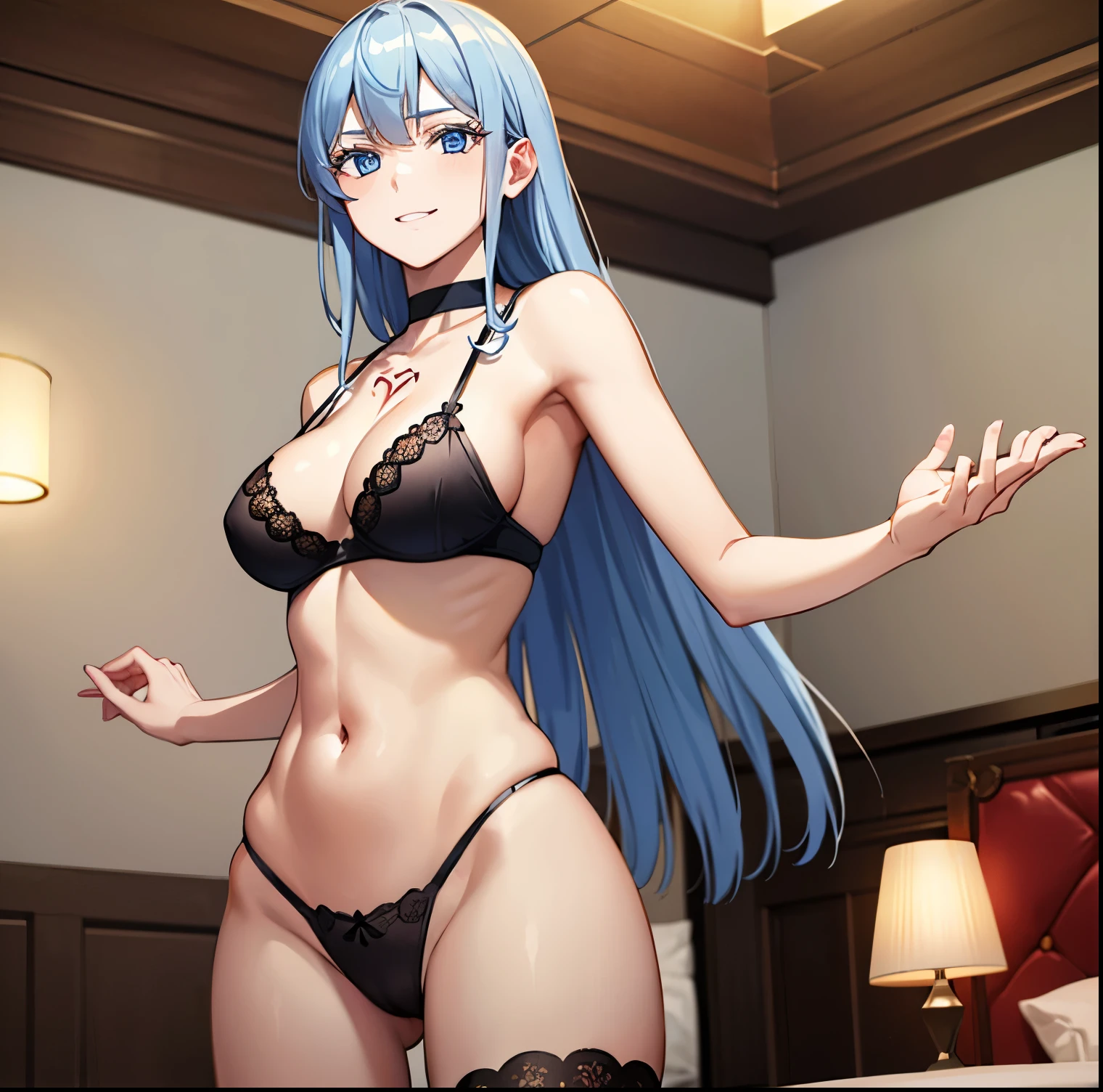 1 girl, alone, death, blue eyes, blue hair, long hair, smile, nude, black lingerie, black bra with blue lace, black thong with blue lace, tattoo on chest, indoor, bedroom, bed, looking at viewer, front view, point of view (from below), (cowboy photo: 1.5), (masterpiece: 1.2), best quality, high resolution, unity 8k wallpaper, sexy body, big breasts, medium waist, wide hips , medium thighs, round butt, (illustration: 0.8), (beautiful detailed eyes: 1.6), extremely detailed face, perfect lighting, extremely detailed CG (perfect hands, perfect anatomy),