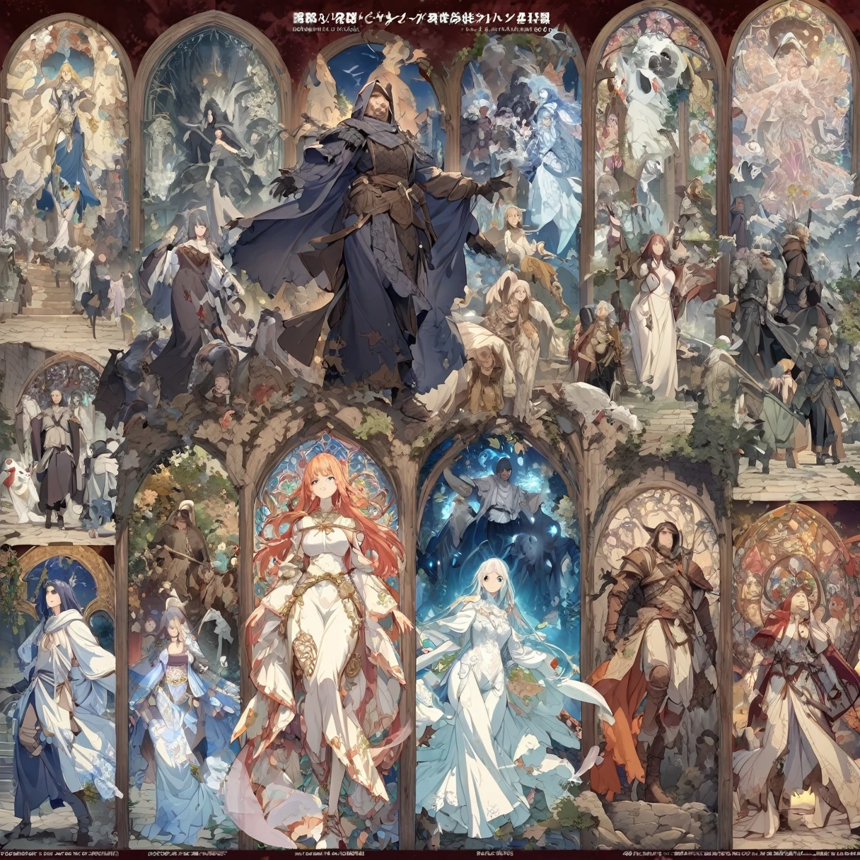 highest quality, masterpiece, Highly detailed background, Anime character introduction chart, All shots taken from behind the camera, 登場people物people数４people, Apparition, Ghost, monster, Demihuman, Fantasy Anime, Medieval Stories, Intricate designs and patterns in the style of Mucha, From below。