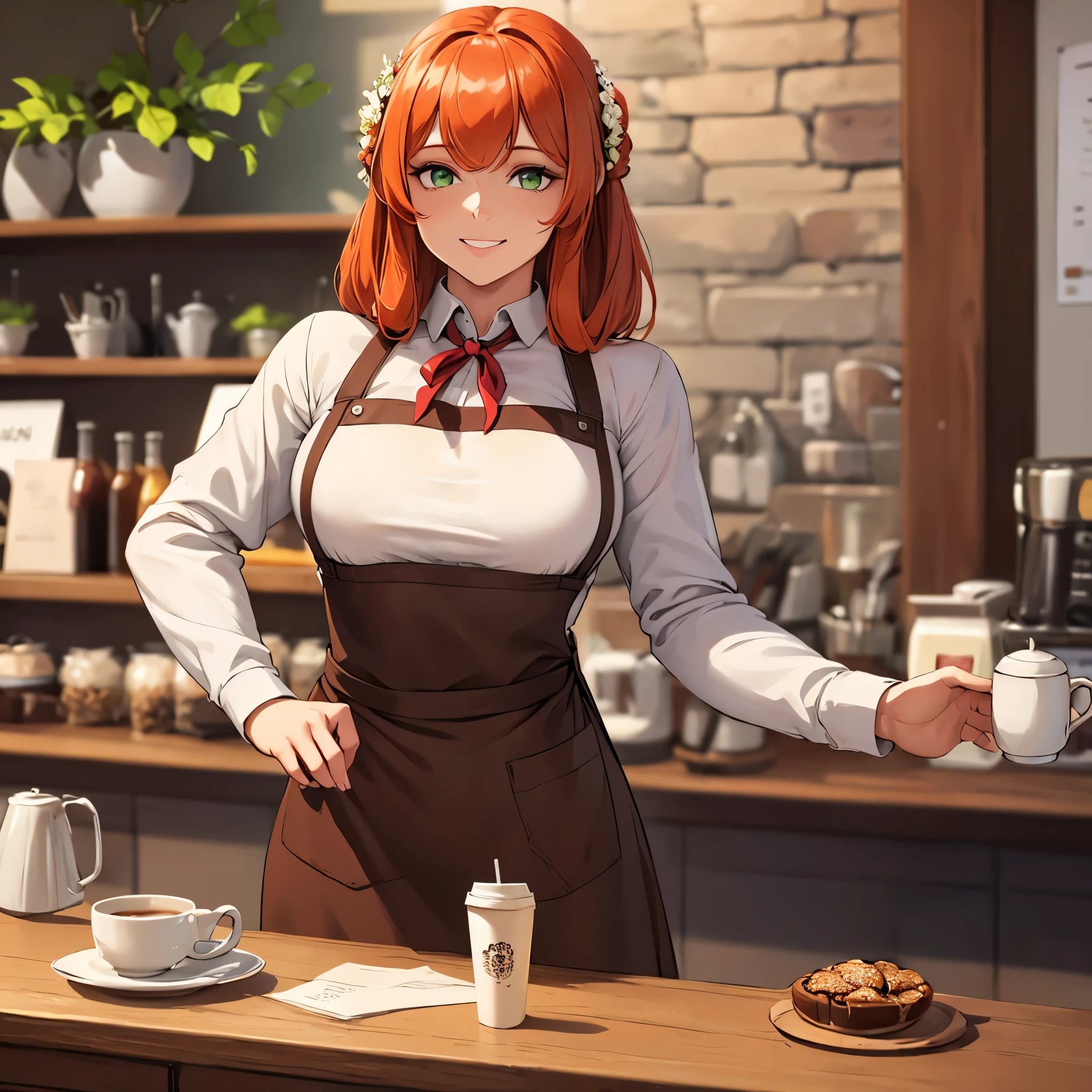 A woman wearing a white shirt with long sleeves, wearing a brown apron, long white skirt, orange red hair, green eyes, smiling, standing at a coffee shop with sweets and a cup of coffee on a table and counter. 1 girl (only one woman), glow, drop shadow, flower, UHD, masterpiece, accurate, anatomically correct, textured skin, super detail, high quality, best quality, 8k, high resolution, bokeh effect.
