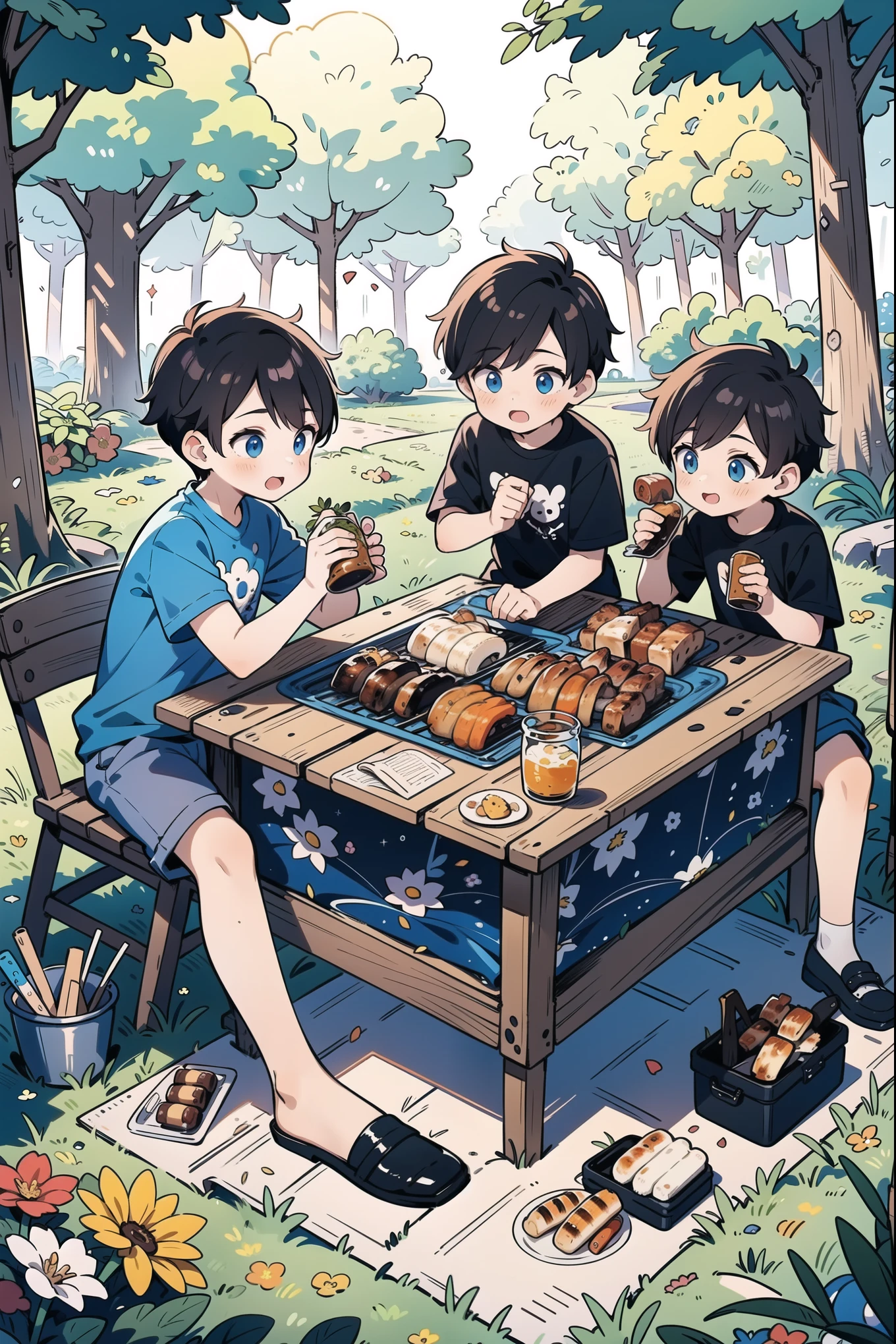 (5 boys watching and playing with each other), whole body (Laurie: 1.2), camping, picnicking, barbecue, barbecue, summer, flowers, evening, shoes, children's illustrations, masterpieces, best quality,