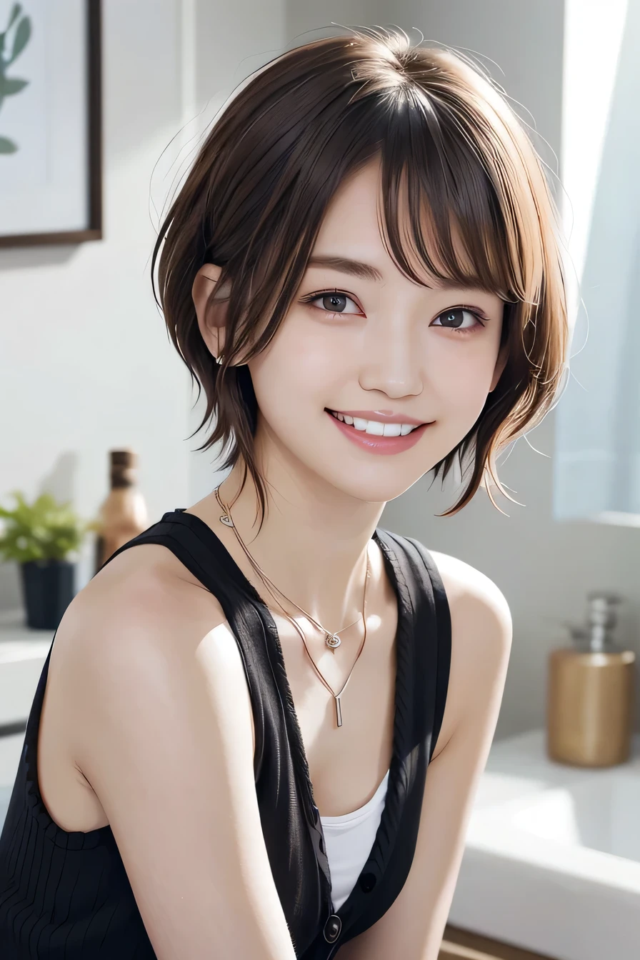 205 ((short hair)), 20-year-old female, In underwear、Put a cardigan over your shoulders、 A refreshing smile、Beautiful teeth alignment、Dark eyeliner、Dark brown hair、ear piercing、Necklace around the neck、Looking at the camera