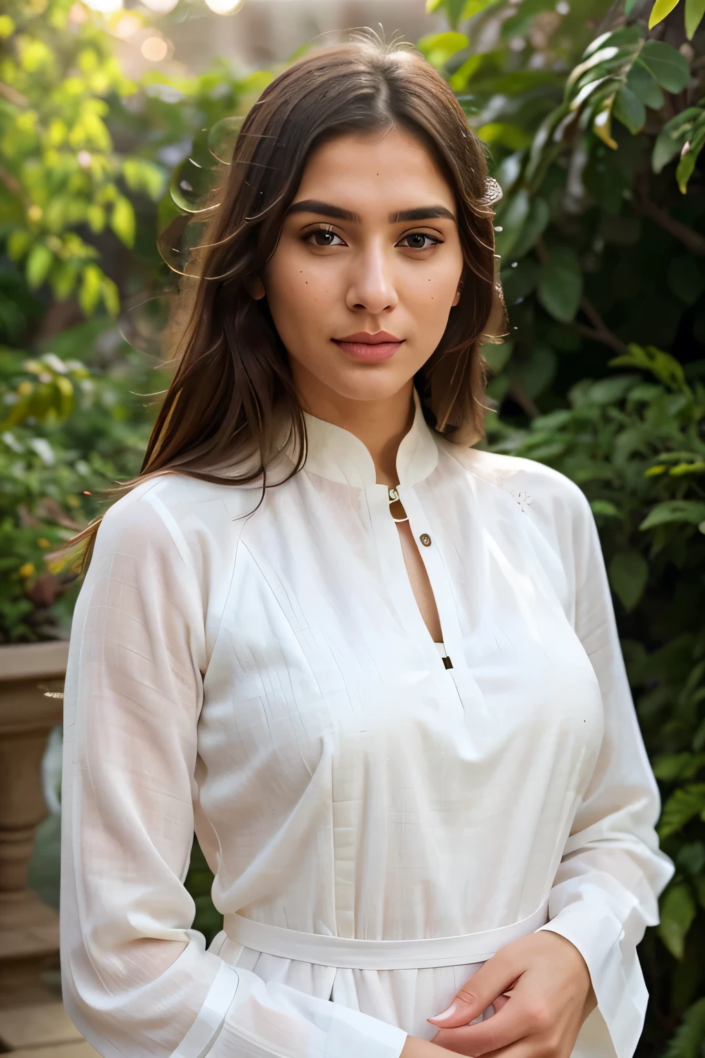 A beautiful modern girl wearing long white western dress, Indian, realistic face, hyper detailed, sharp focus, 8k, detailed eyes, detailed nose, detailed lips, long eyelashes, elegant pose, outdoor garden setting, warm lighting, vibrant colors, photorealistic, high quality, intricate details, cinematic lighting