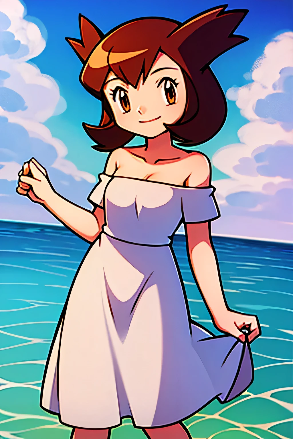 1 girl, solo, Pokemon Heroes (Bianca), Brown Hair, brown eyes, bare shoulders, strapless, off shoulders, white ruffle off the shoulder maxi dress, smile, standing in the water with bare feet, ocean, blue skies, clouds, cowboy shot, facing viewer,, absurdres, ultra detailed, masterpiece, best quality, age