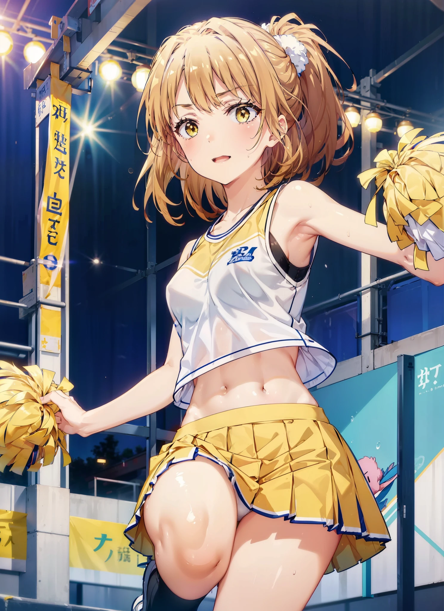 irohaisshiki, isshiki iroha, Long Hair, ponytail,Brown Hair, (Brown eyes:1.5), smile,Open your mouth,Pom-pomを両手に持っている,(Very delicate eyes), (Cheerleader), (whole body), Big Breasts, Lower, (Sweaty), Sweaty Wet Clothes, (Yellow clothes), Pleated skirt, Striped socks,sneakers,Belly button support, playground, (Jump), (Jump), 足を曲げてJumpする,Cheerleader, Pom-pom \(Cheerleader\), 　break outdoor ,Arena,運動場
break looking at viewer,
break (masterpiece:1.2), highest quality, High resolution, unity 8k wallpaper, (shape:0.8), (Beautiful and exquisite:1.6), Highly detailed face, Perfect lighting, Extremely detailed CG, (Perfect hands, Perfect Anatomy),