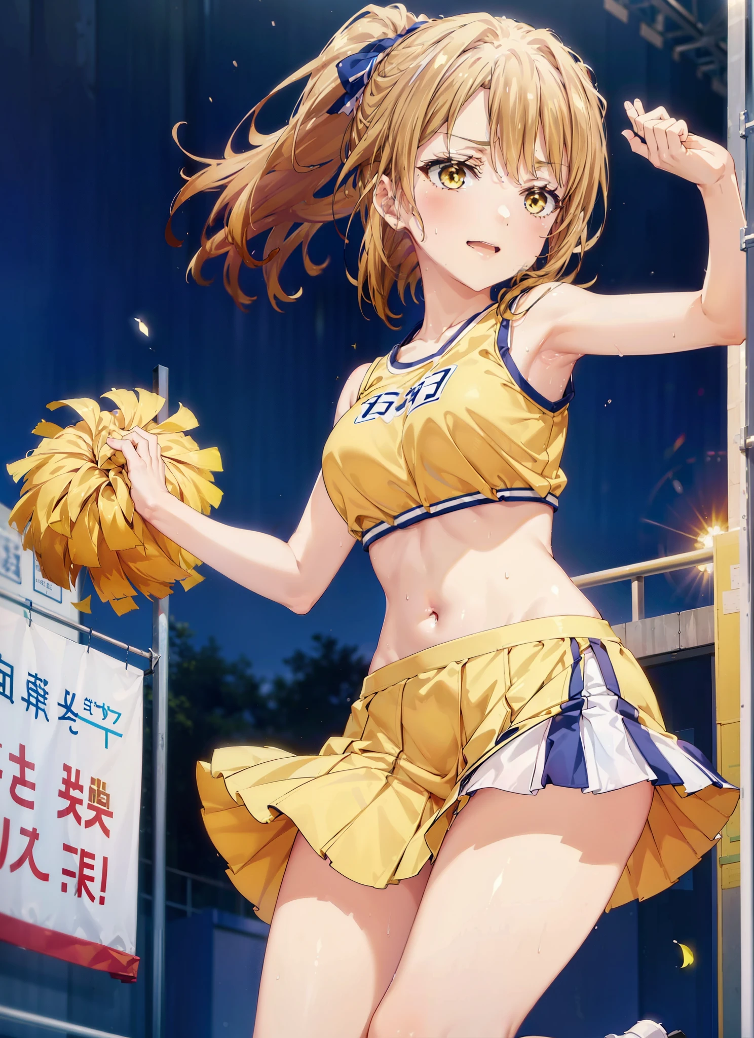 irohaisshiki, isshiki iroha, Long Hair, ponytail,Brown Hair, (Brown eyes:1.5), smile,Open your mouth,Pom-pomを両手に持っている,(Very delicate eyes), (Cheerleader), (whole body), Big Breasts, Lower, (Sweaty), Sweaty Wet Clothes, (Yellow clothes), Pleated skirt, Striped socks,sneakers,Belly button support, playground, (Jump), (Jump), 足を曲げてJumpする,Cheerleader, Pom-pom \(Cheerleader\), break outdoor ,Arena,運動場
break looking at viewer,
break (masterpiece:1.2), highest quality, High resolution, unity 8k wallpaper, (shape:0.8), (Beautiful and exquisite:1.6), Highly detailed face, Perfect lighting, Extremely detailed CG, (Perfect hands, Perfect Anatomy),