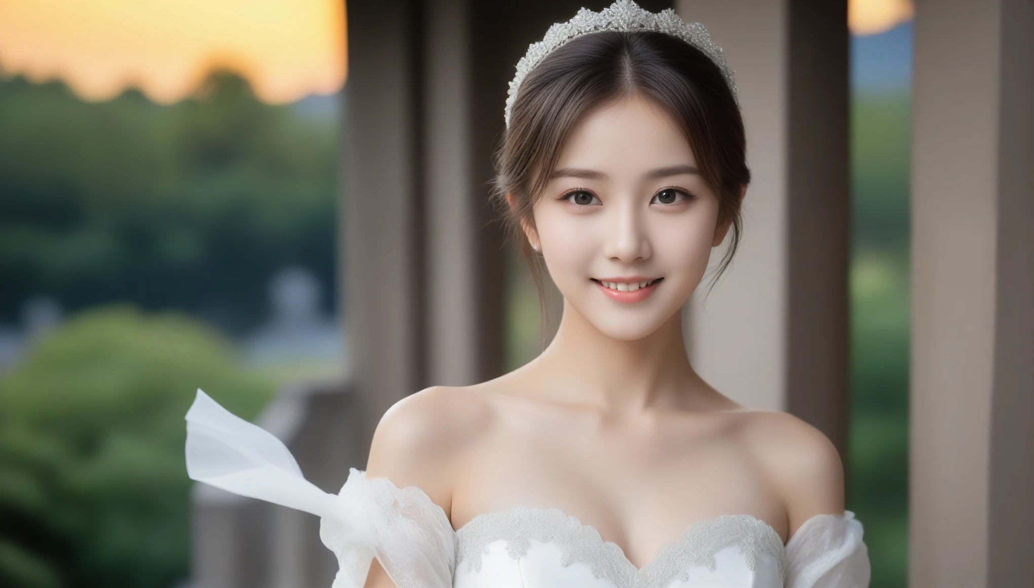 8k, Ultra-high resolution, highest quality, masterpiece, Surreal, photograph, 1 girl, (16 years old:1.3), pretty girl, Cute Face, Beautiful eyes in every detail, 細かくdetailedに,masterpiece,, One Girl:1.2, Japan Female Announcer, One beautiful woman, 美しい16 years oldの痩せた女性,She wears a wedding dress,Romantic sunset time、Illuminated by the evening lights of the church、Taking classical dance-like poses、Smile,  Her dark brown hair、Fine skin、(Cinema Lighting)、clavicle . 全身photograph.,Bold Pose,Looking at the audience、beauty,Long neck、Laugh a little、Please close your mouth and laugh、(((Ideal body type))),A cup small breasts :2,、Portraiture:2、Perfect Anatomy、鮮明なdetailed、detailed、Surreal、Light and shadow,Strong light,Fashion magazine cover,Thin lips