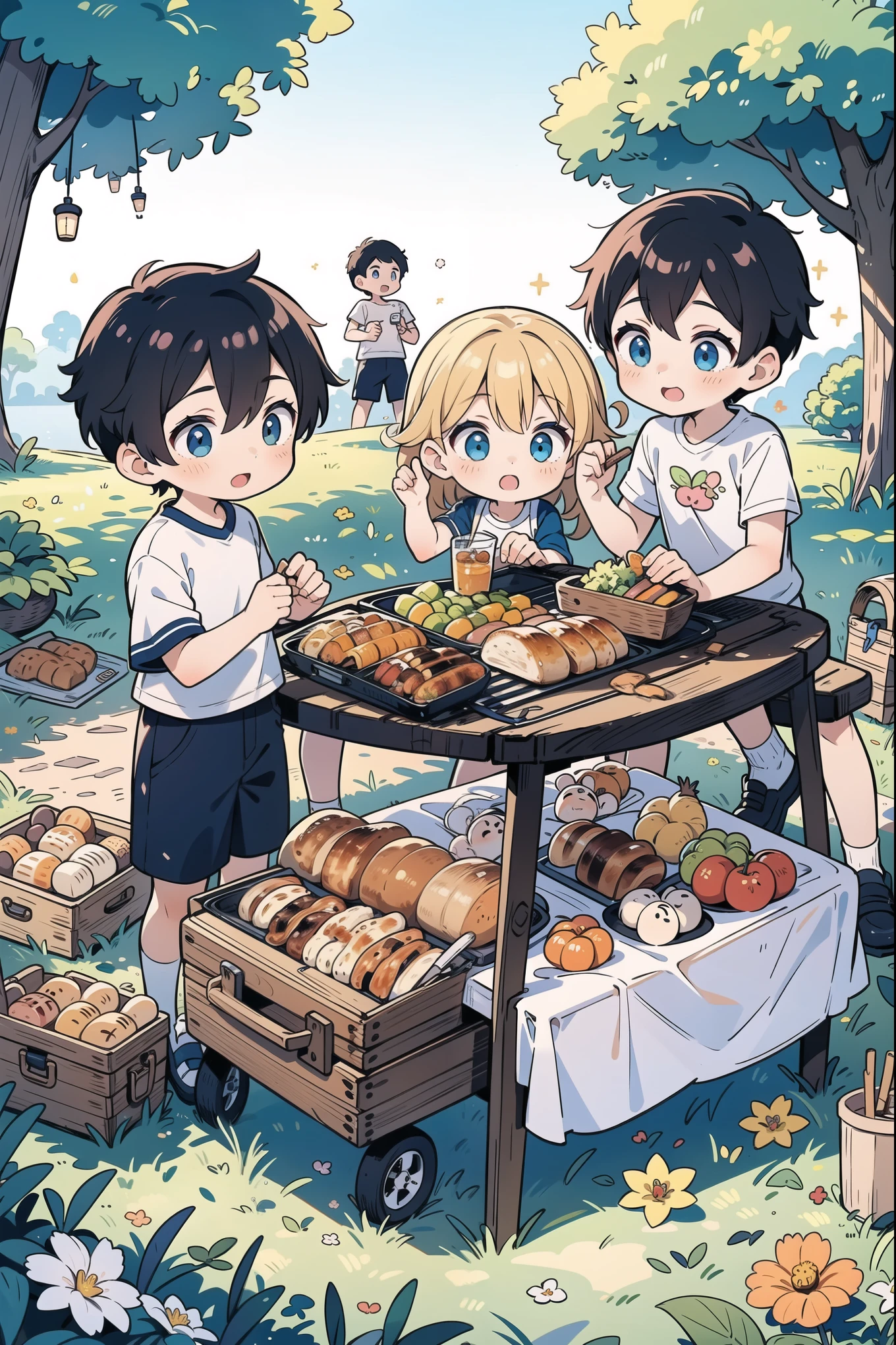 (5 boys watching and playing with each other), whole body (Laurie: 1.2), camping, picnicking, barbecue, barbecue, summer, flowers, evening, shoes, children's illustrations, masterpieces, best quality,